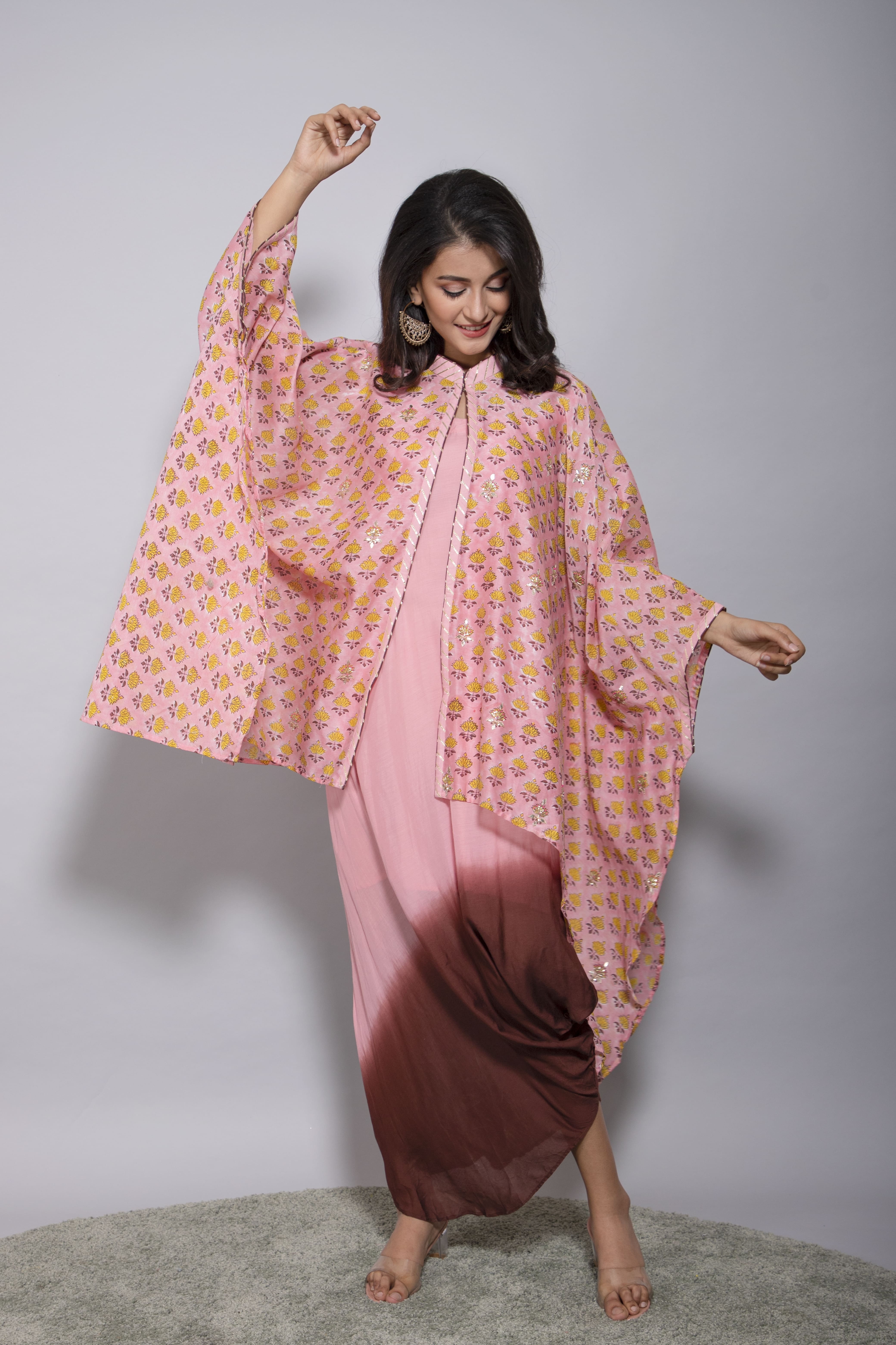 KAARAH BY KAAVYA | Asymetrical chanderi short jacket with hand work , muslin silk shaded cowl inner undefined