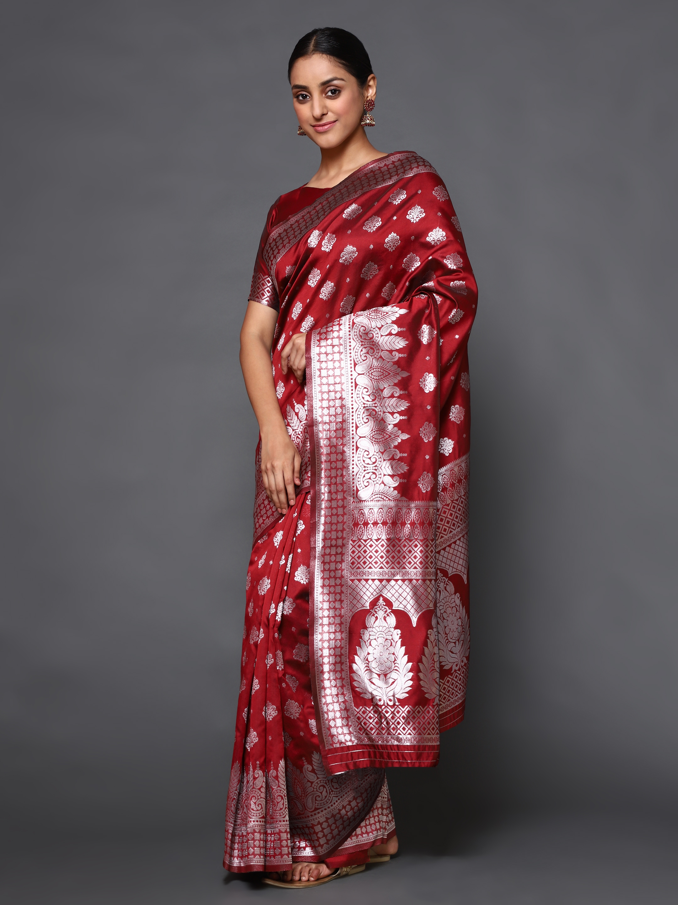 Glemora Maroon Fancy Ethnic Wear Silk Blend Banarasi Traditional Saree
