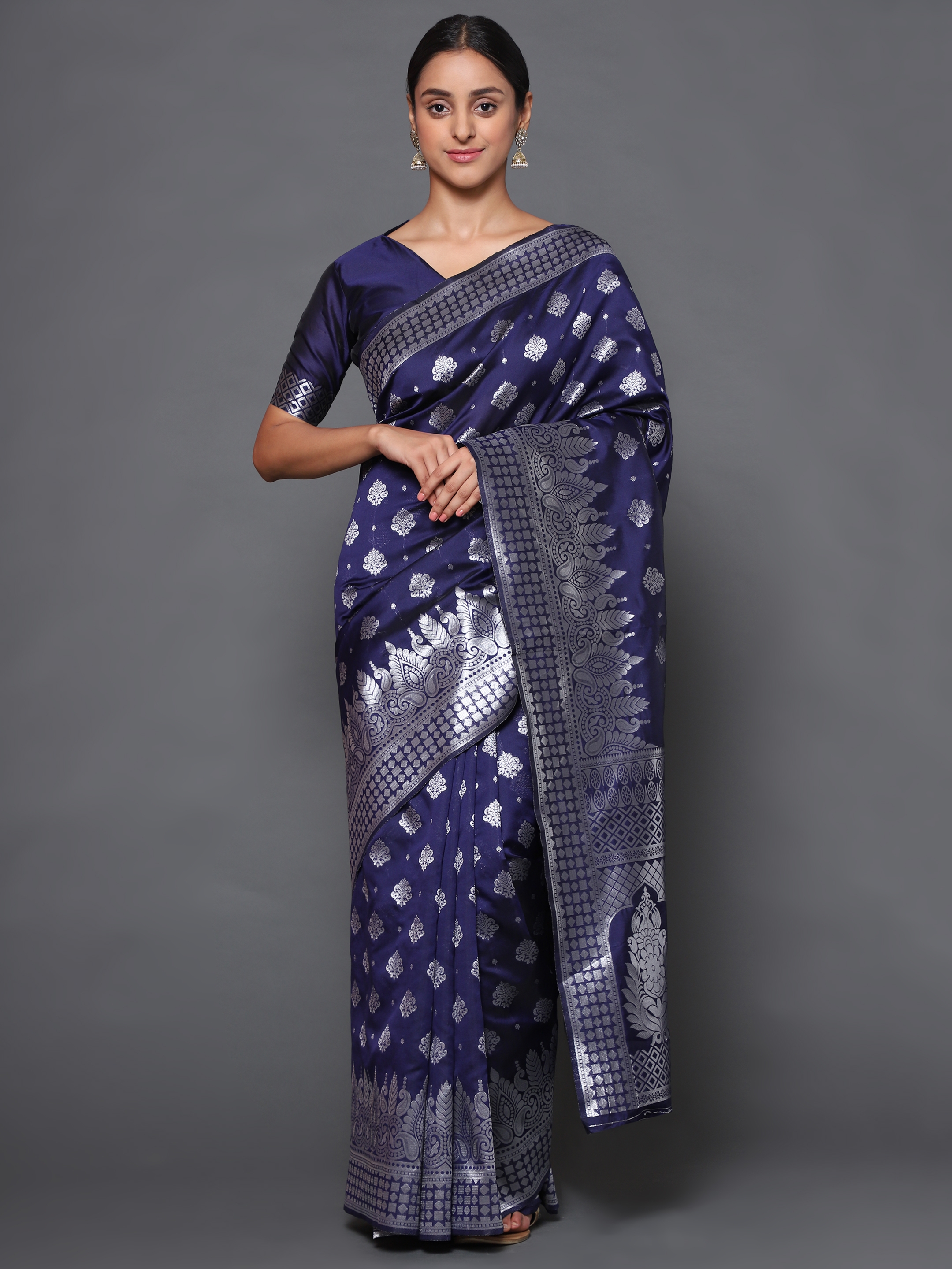 Glemora  Nevy Blue Fancy Ethnic Wear Silk Blend Banarasi Traditional Saree