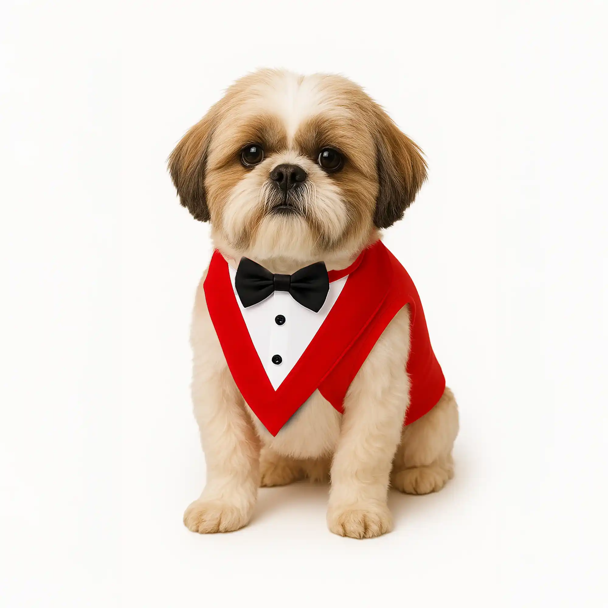PawsIndia Red & White Tuxedo Suit, Red Carpet Ready