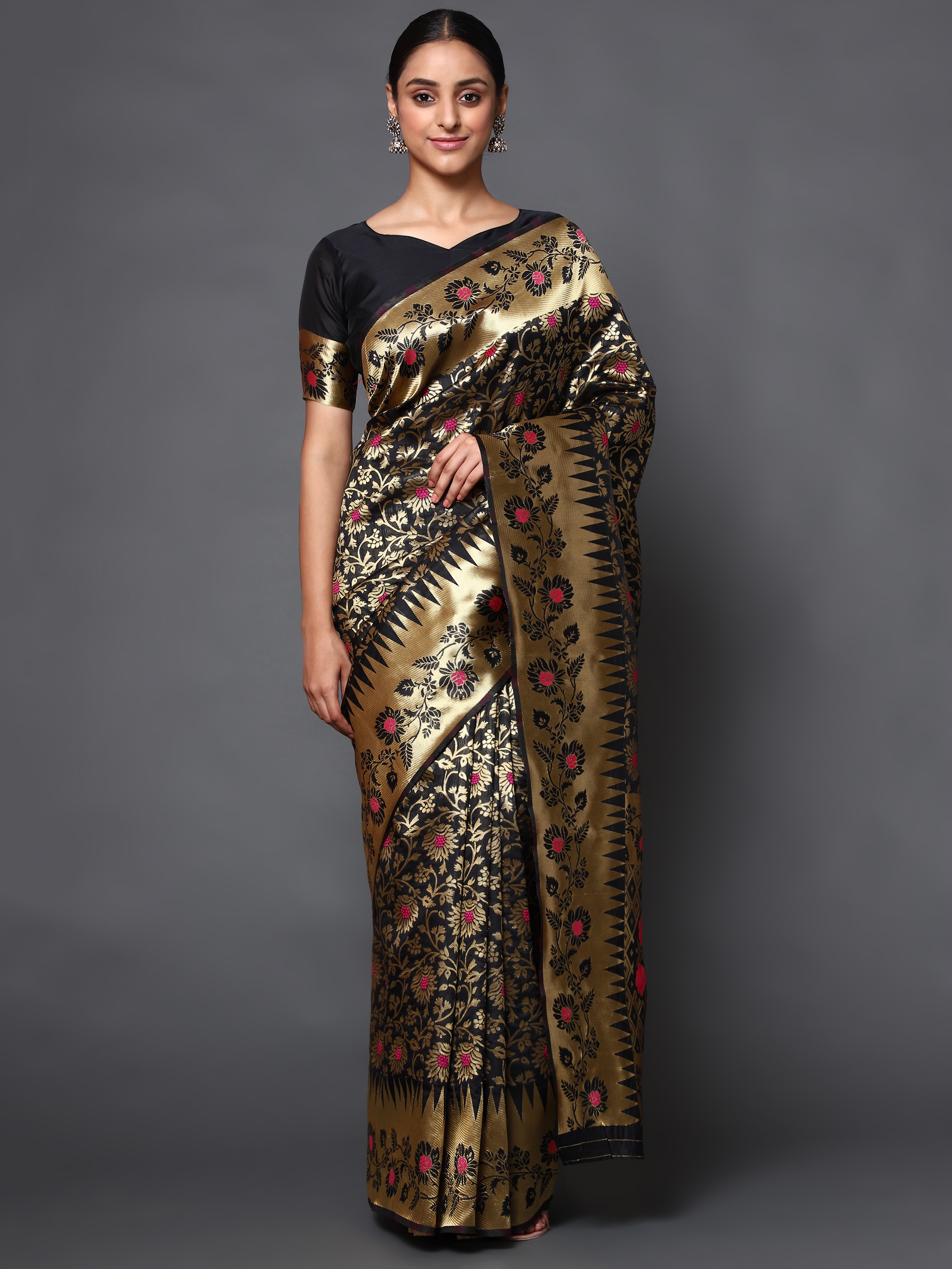 Glemora Black Fancy Ethnic Wear Silk Blend Banarasi Traditional Saree