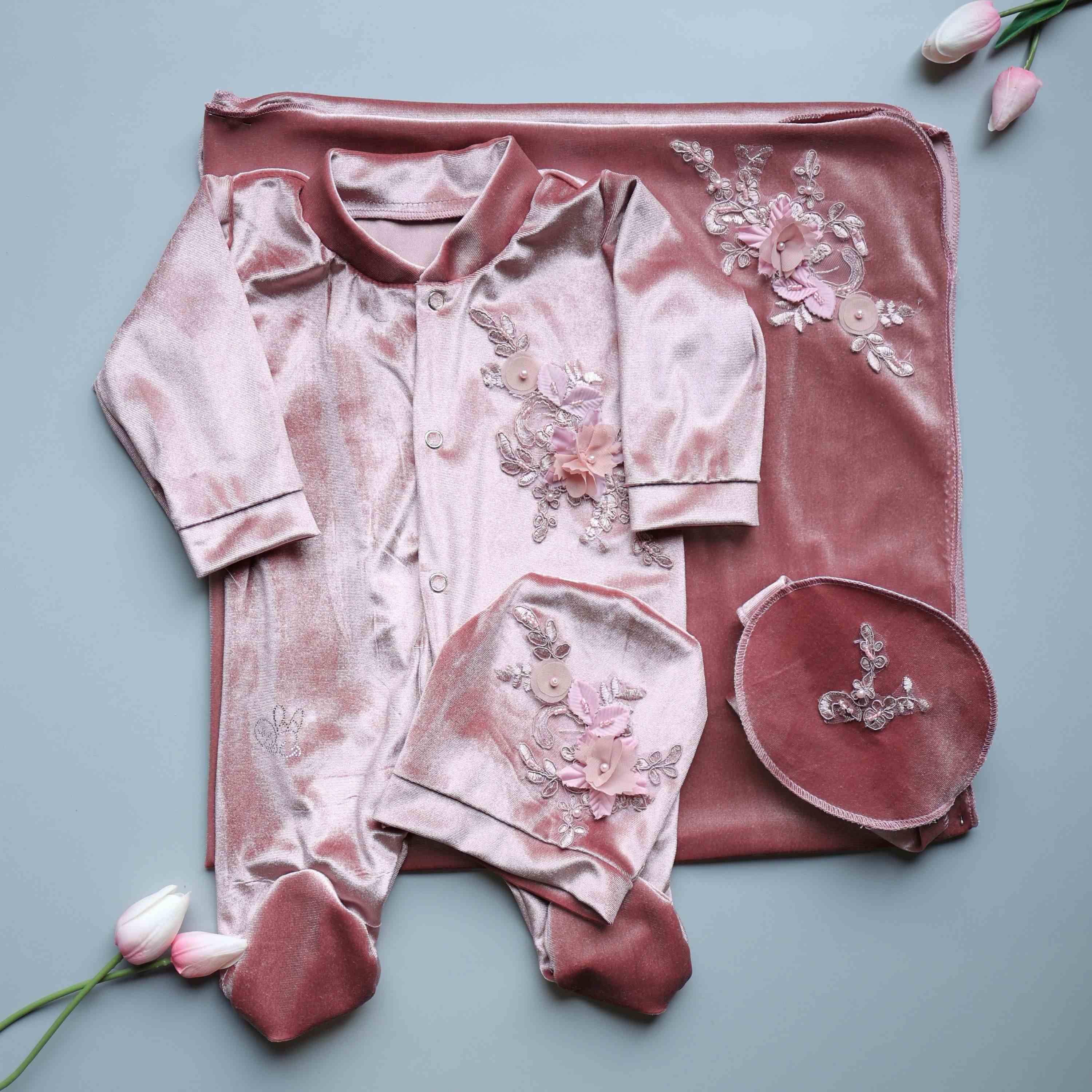 Blush Petal Velvet Baby Set