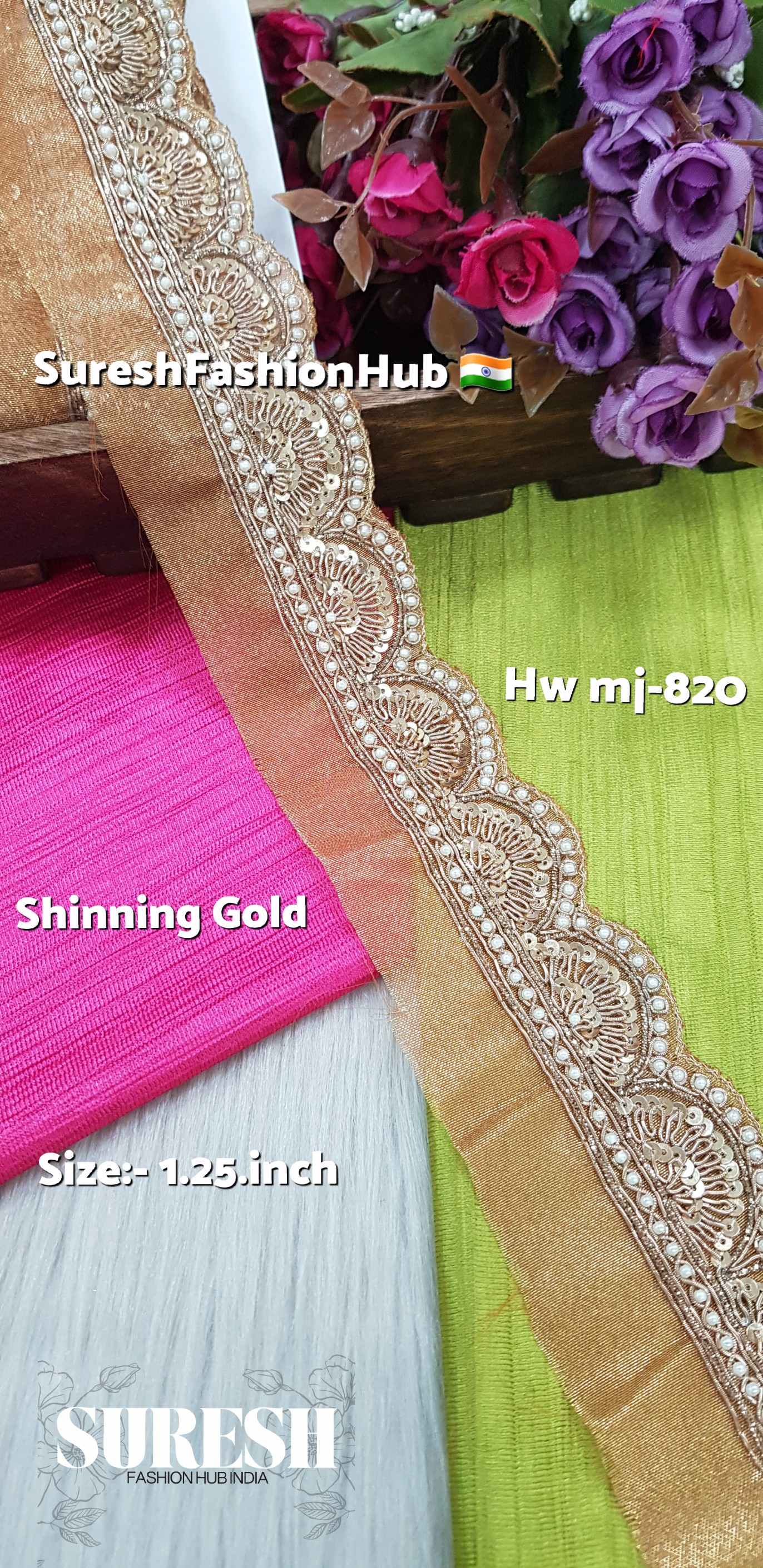 Mj-820 Shining Gold Handmade Zardosi Organza Lace