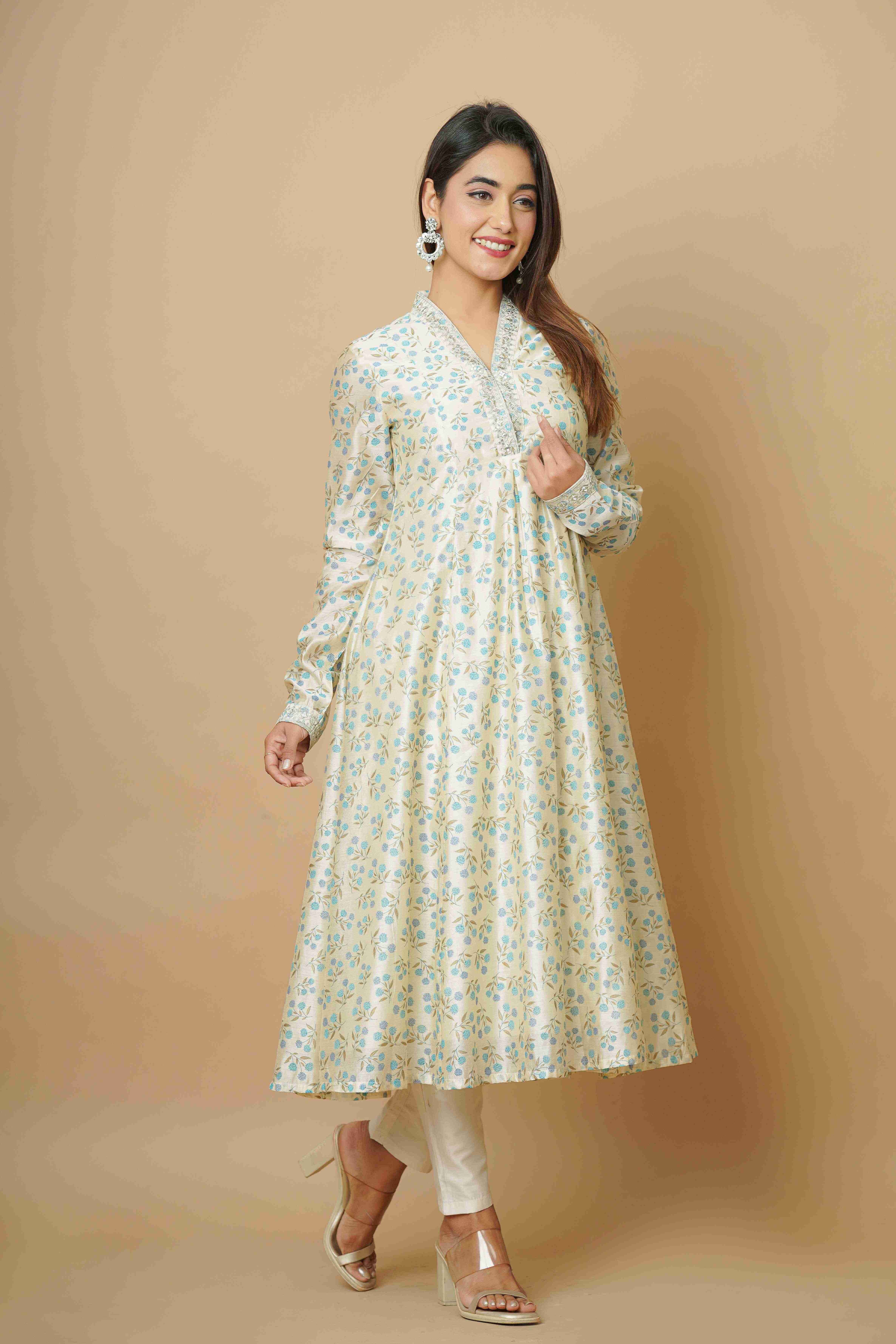 BEIGE EMBROIDERED PARTY WEAR KURTA SET