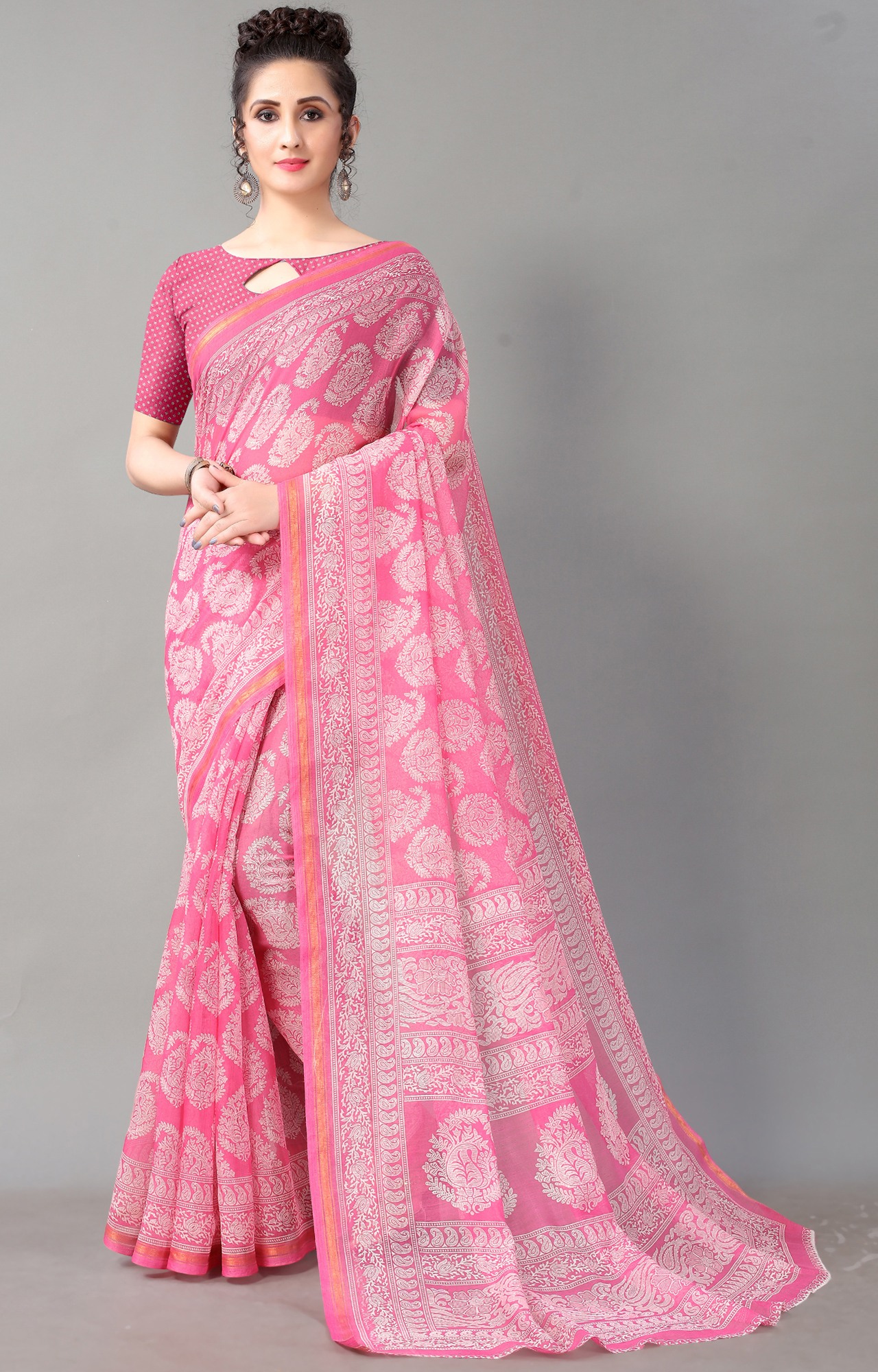Women Pink Batick Block Print Casual Wear Saree-HAL21CTN00036PNK