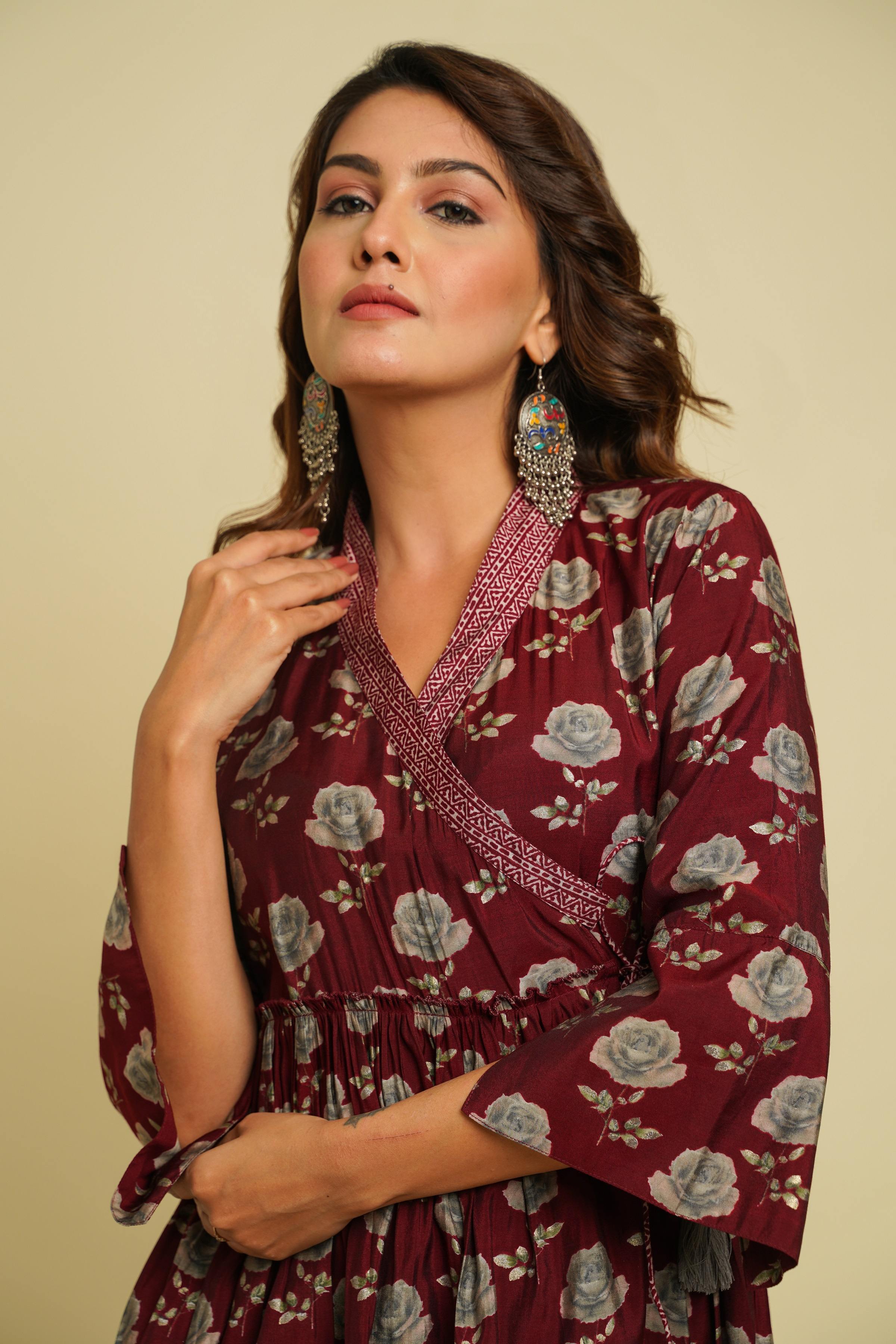 MAROON PRINTED ANGRAKHA C0-ORD SET