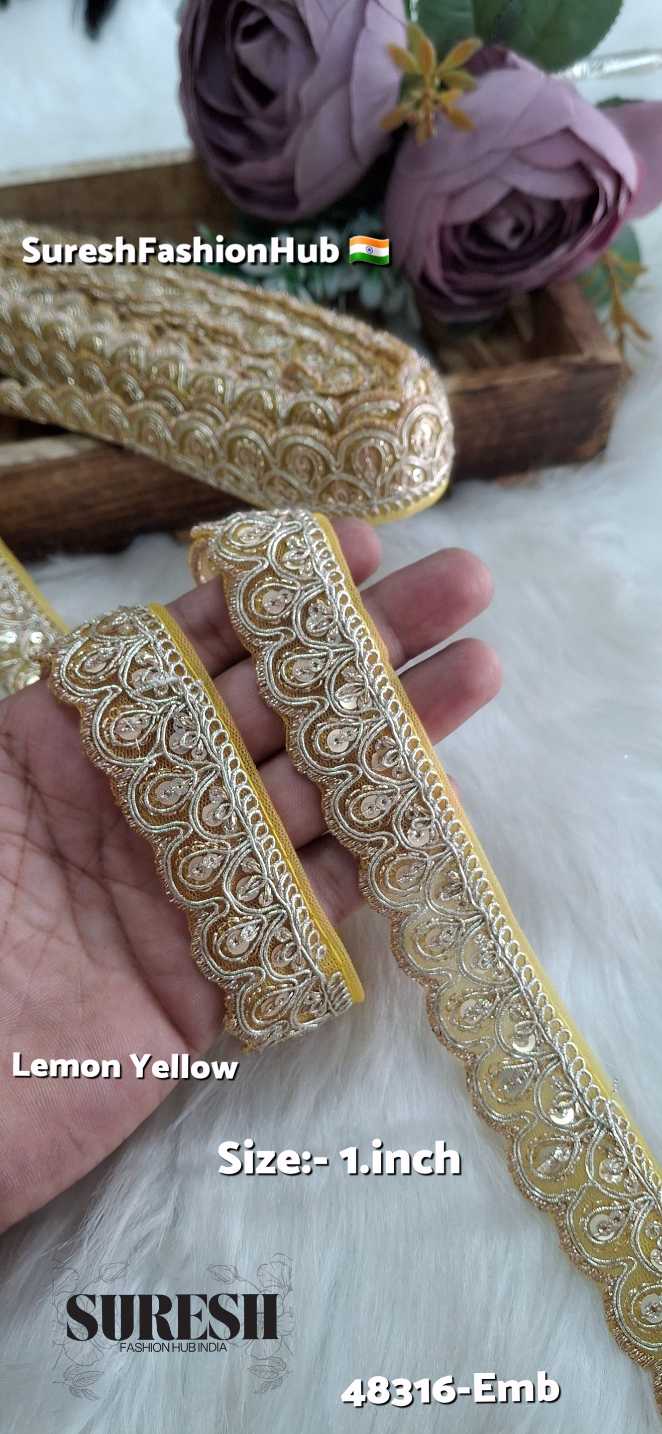 Yellow Pearl Dori One Side Scallop Embroidery Lace