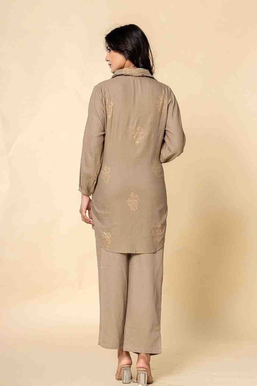 Naksh Grey Cotton Satin Co-ordinated Set With Gold Print (Set of 2)