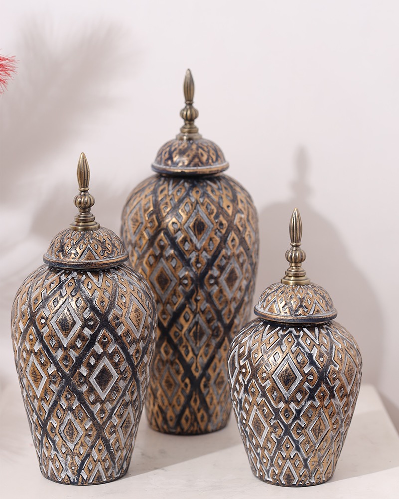 Order Happiness Decorative Ceramic Storage Jar For Home Decoration, Kitchen & Living Room- (Pack Of 3)