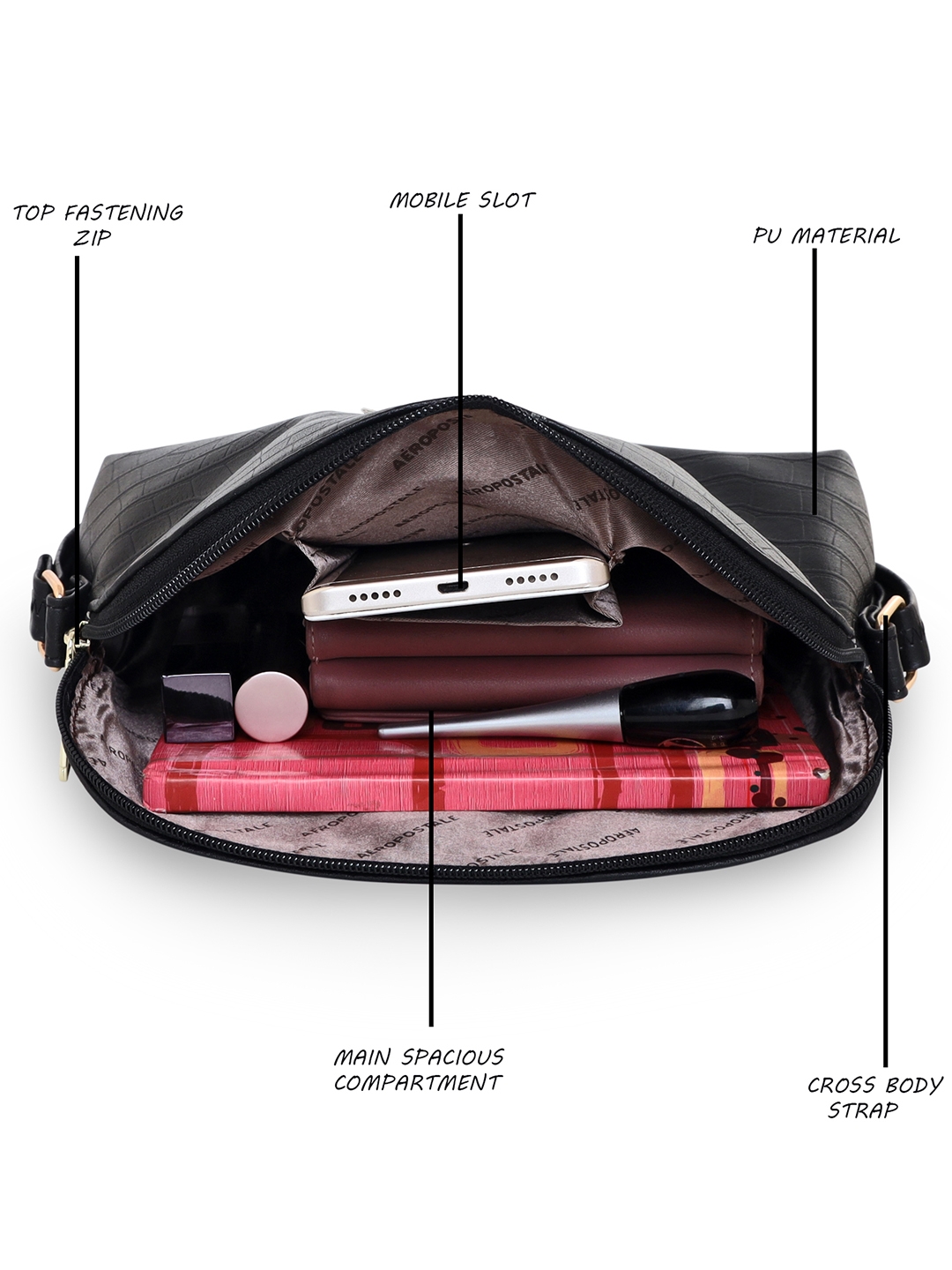 Aeropostale | Aeropostale Textured Kylie PU Sling Bag with non-detachable strap (Black) 3