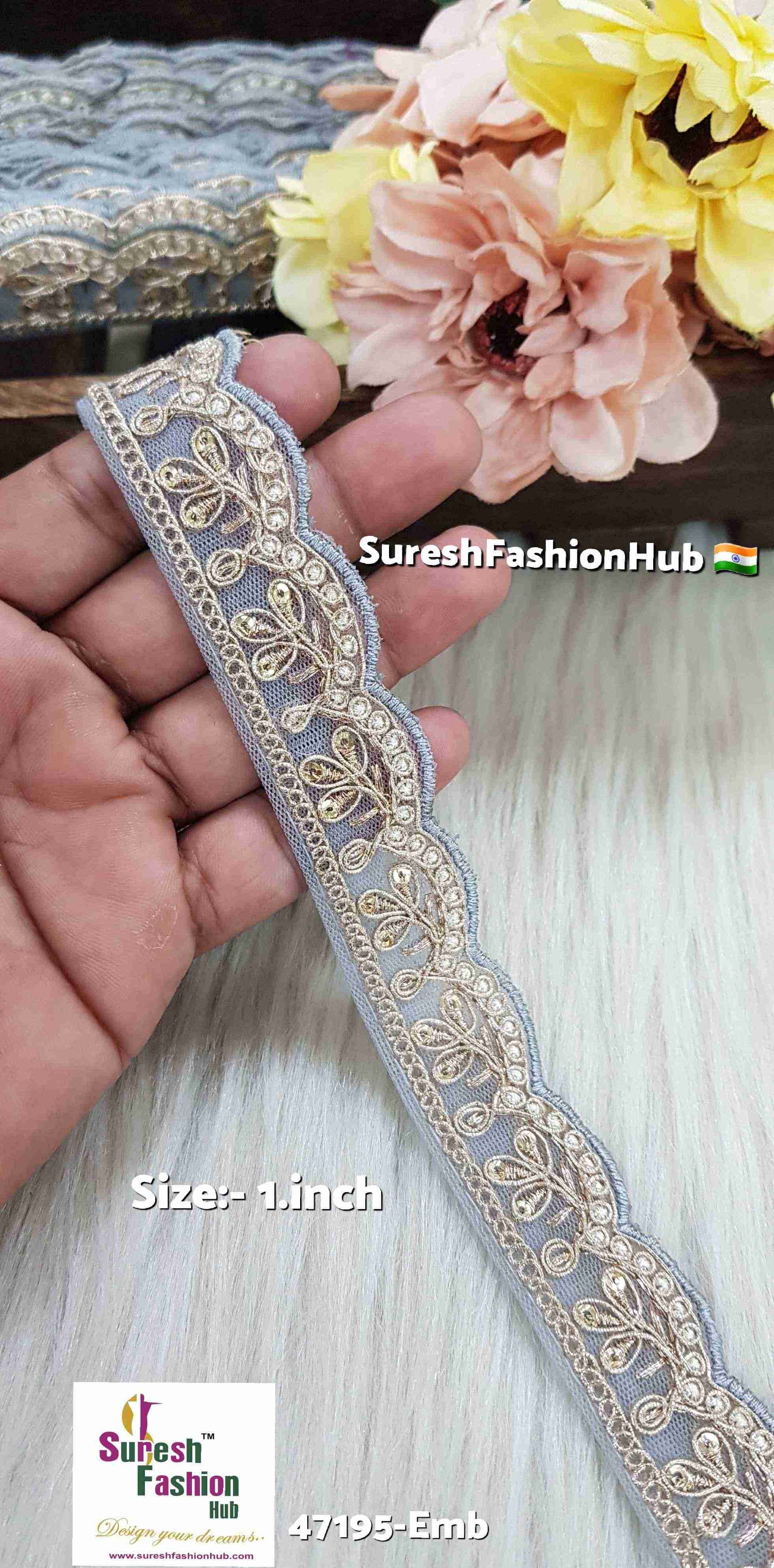 Grey Scalloped Pearl Embroidery Lace