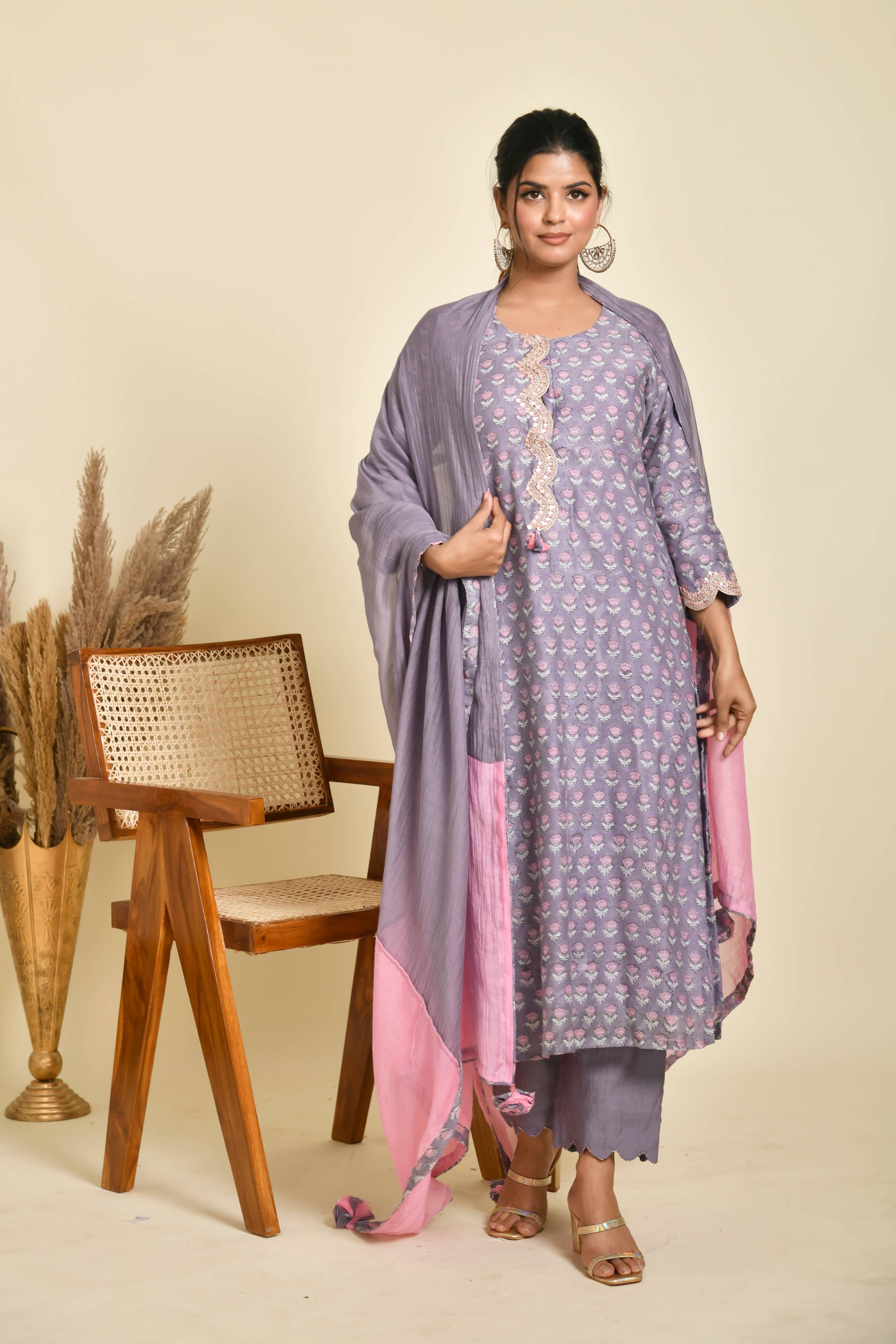 KAARAH BY KAAVYA | Purple Straight Fit Kurta With Scalloped Button Patti & Scalloped Sleeves With Dupatta & pant undefined