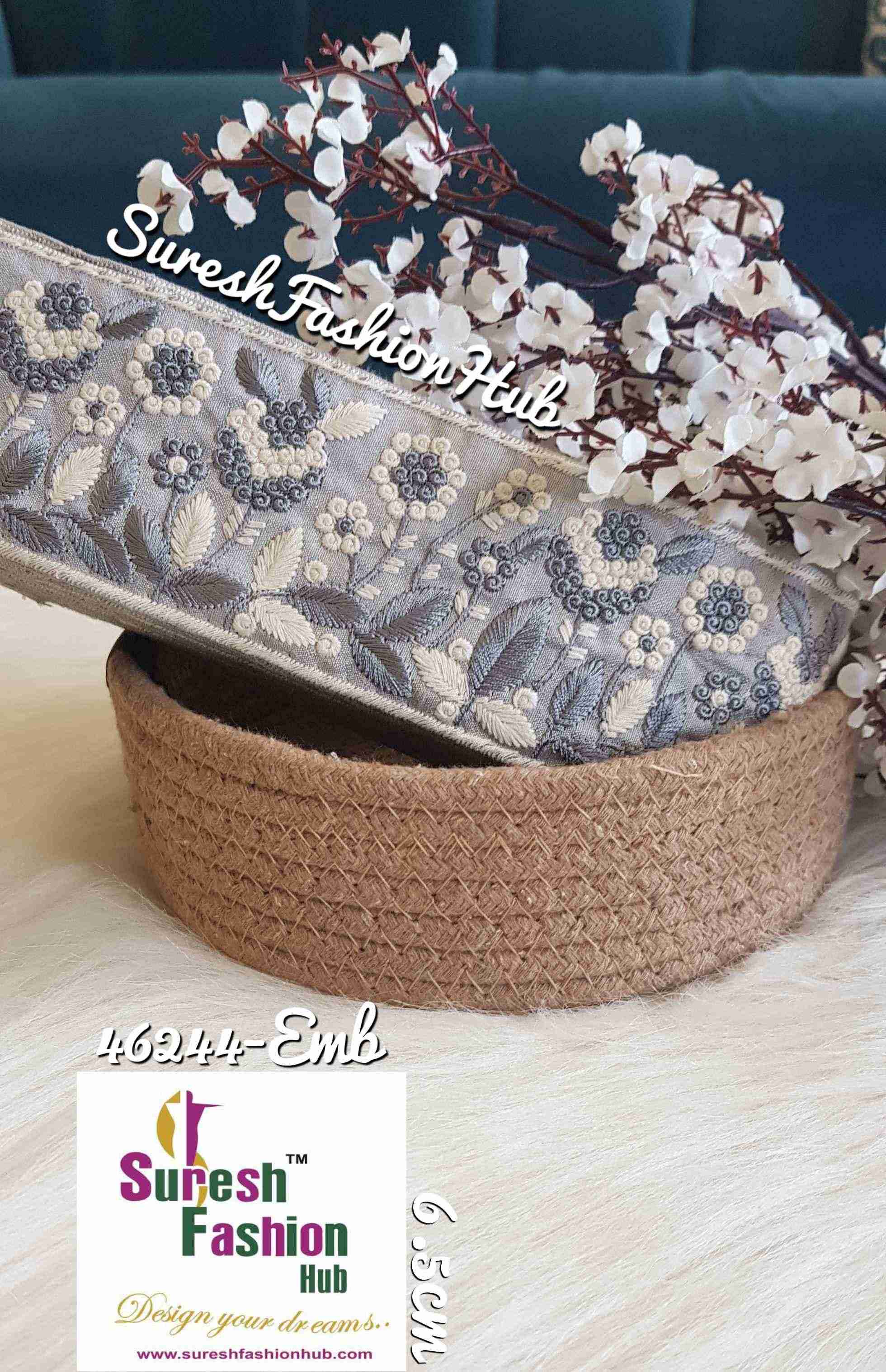 The Flower Garden Greyish Blue Embroidered Trim