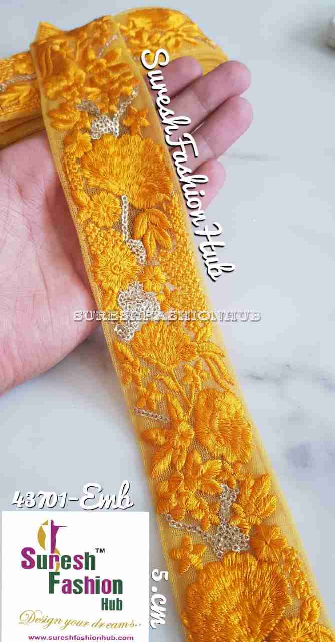 Golden Zari Threaded Petals On Yellow Net Embroidery Trim