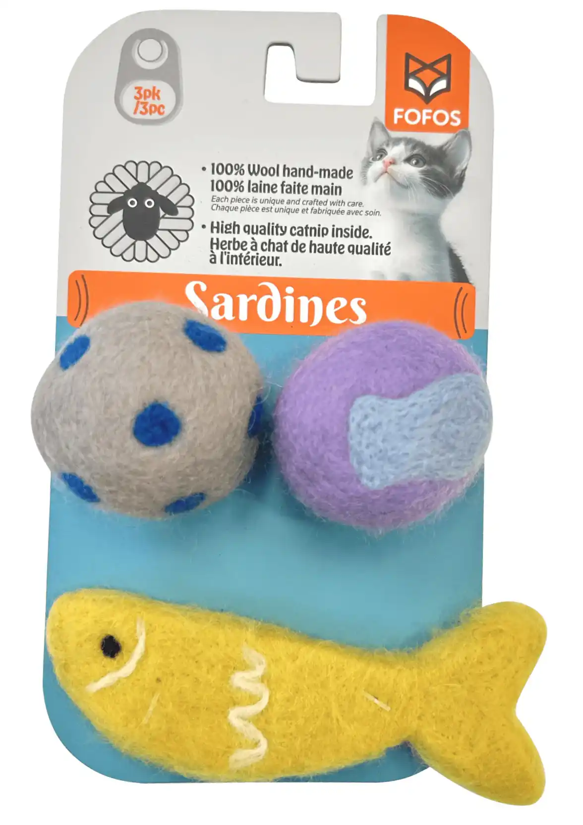Fofos Sardine Wool Toy for Cats, 2 Balls & 1 Fish
