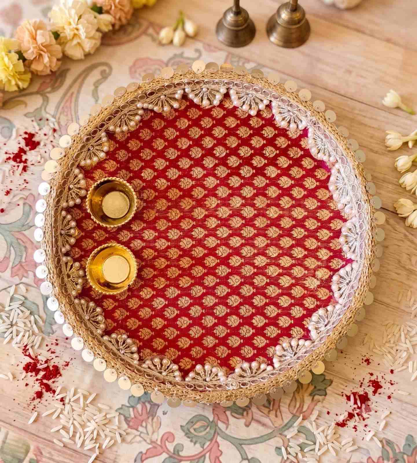 Brocade clad 8" Steel Aarti Thali|Diya