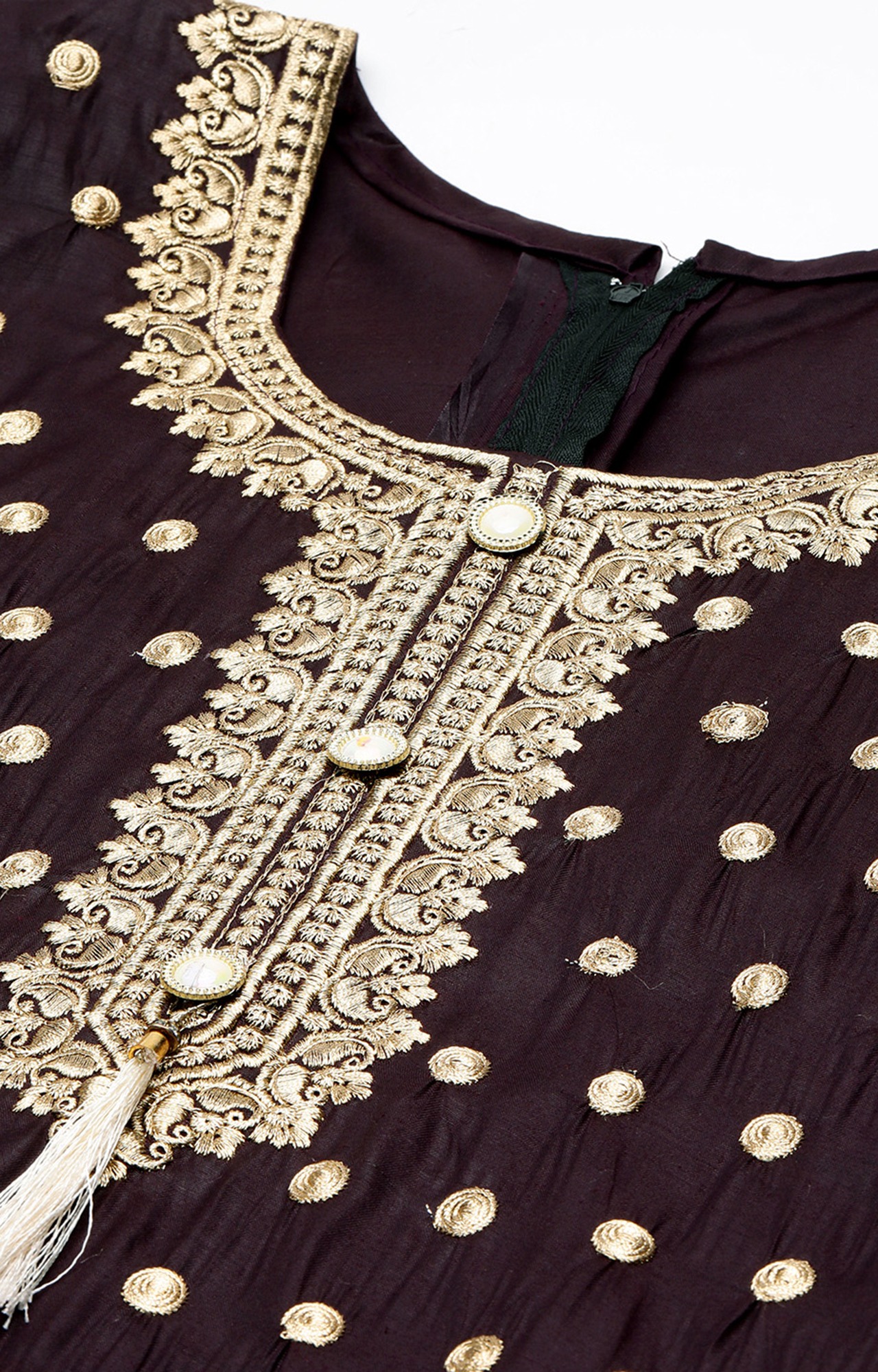 Shaily Women Wine Color Cotton Embroidered With Tessels Unstitched Dress Material-VF_JALGALU_WNE_DM