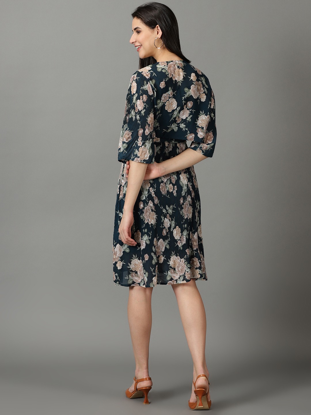 SHOWOFF Women's Shoulder Straps Printed Knee Length Teal Dress