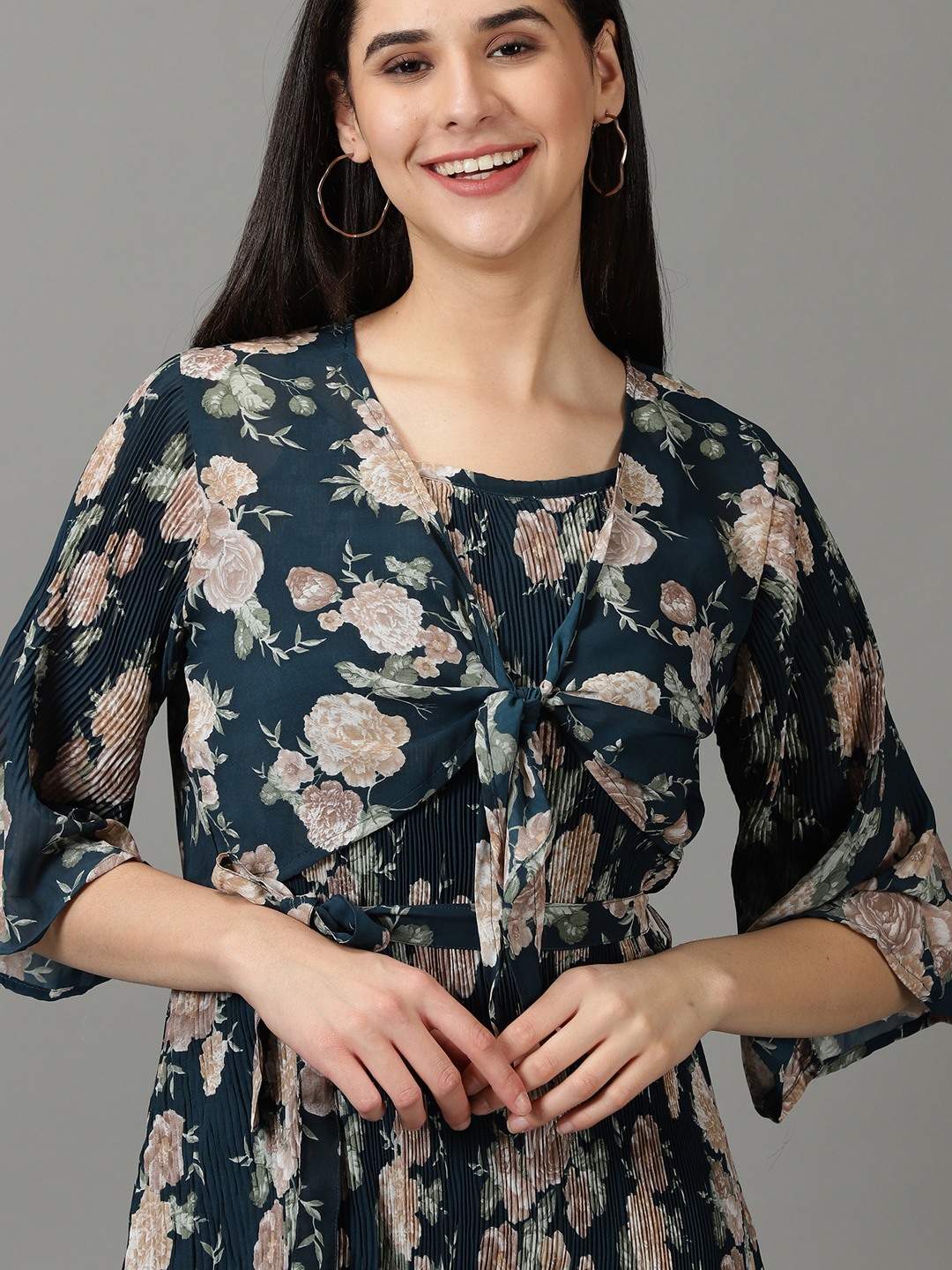 SHOWOFF Women's Shoulder Straps Printed Knee Length Teal Dress