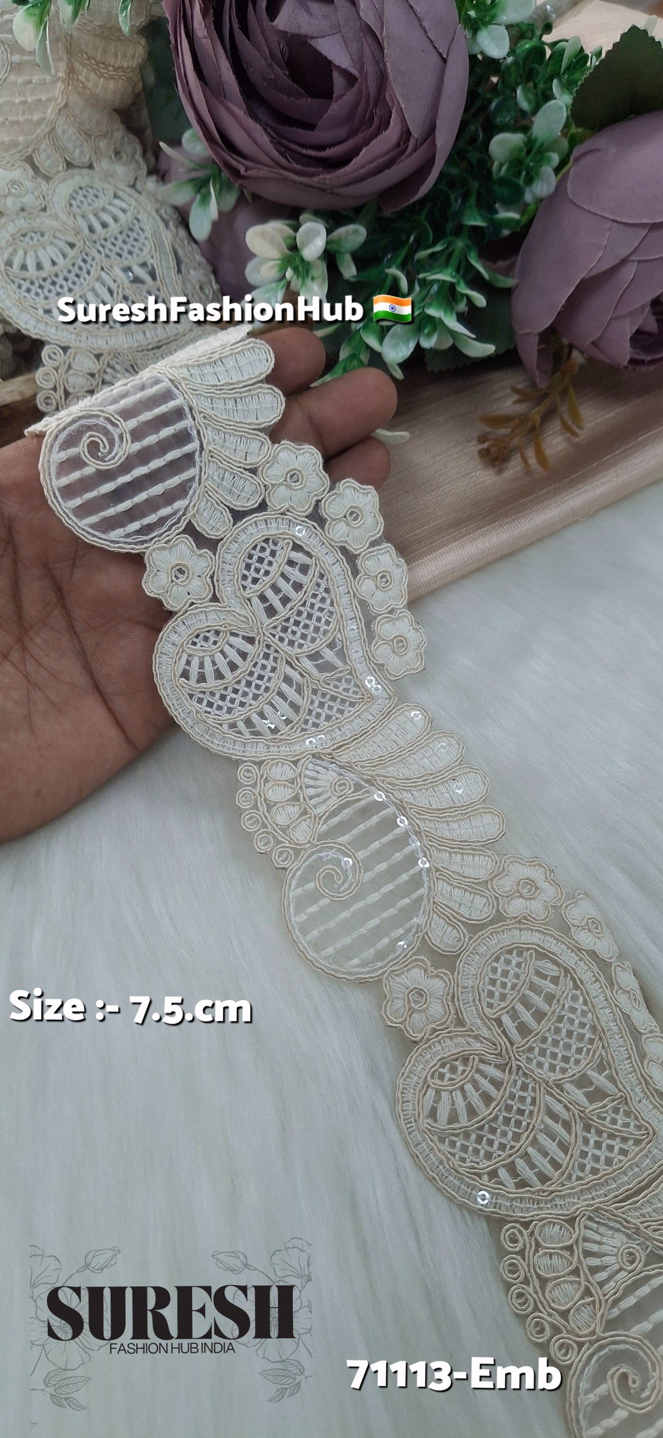 Ivory Charm Dual Cutwork Floral Lace – Off-White | 71113-Emb