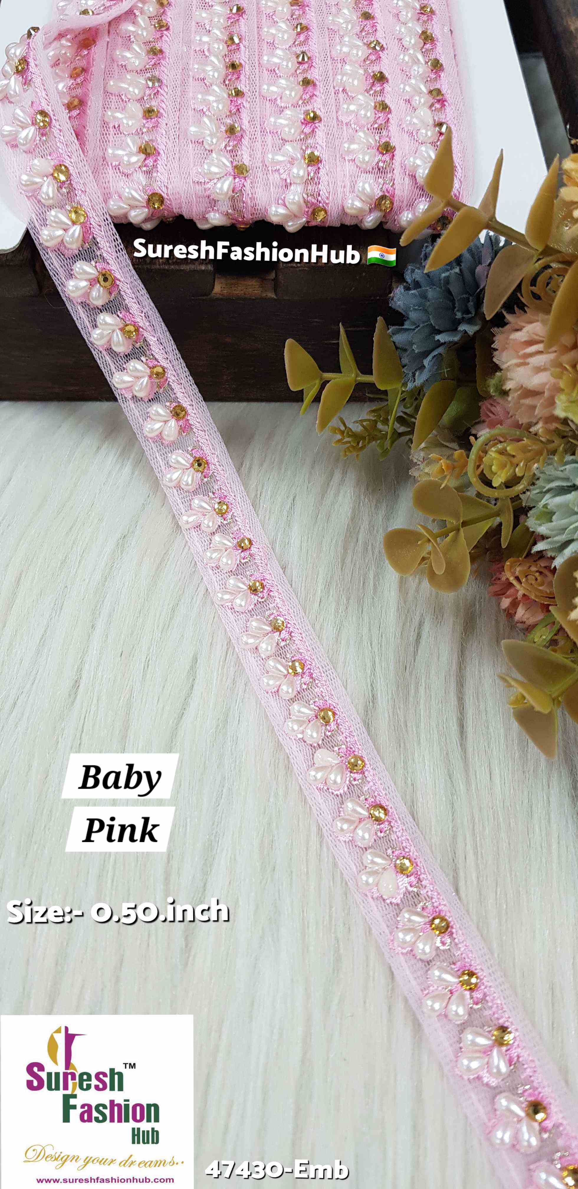 LuxeGlimmer Embroidered Trim - Baby Pink Color