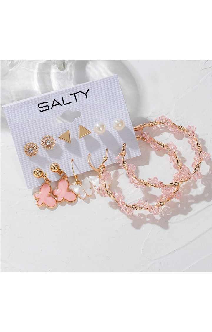 Set of 6 Pink Hoops and Butterfly Earrings and Studs