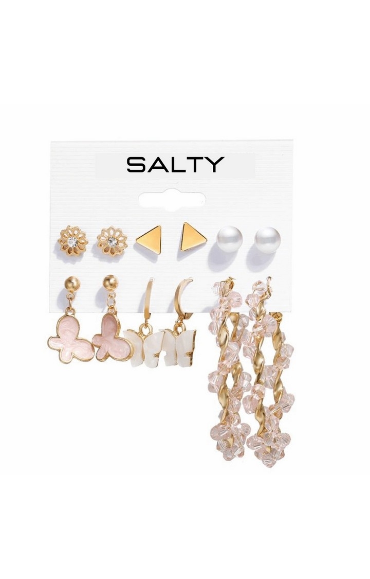 Salty | Set of 6 Pink Hoops and Butterfly Earrings and Studs