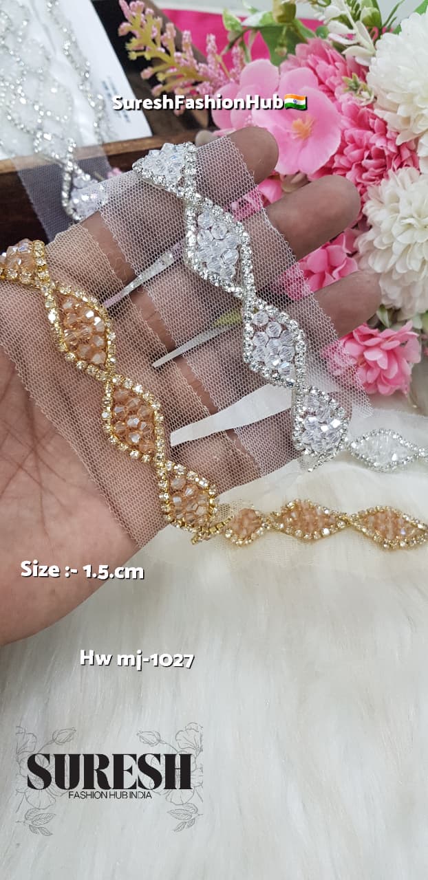 Gold Handmade Rhinestone Chain & Crystal Border on Net – M.J-1027