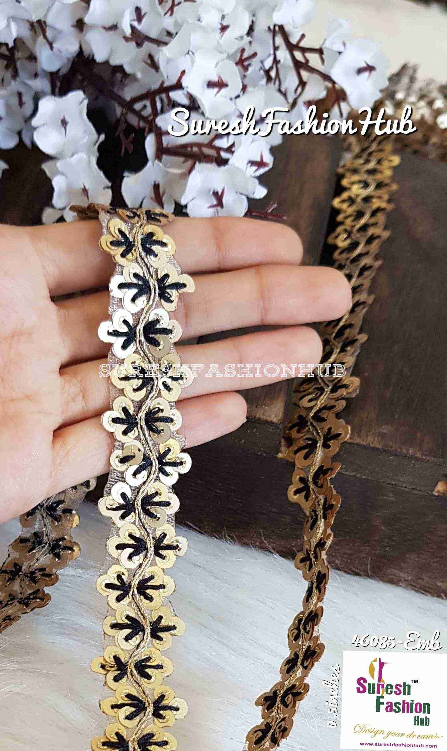 Sequence Black Thread Embroidered Leaves Designer Trim