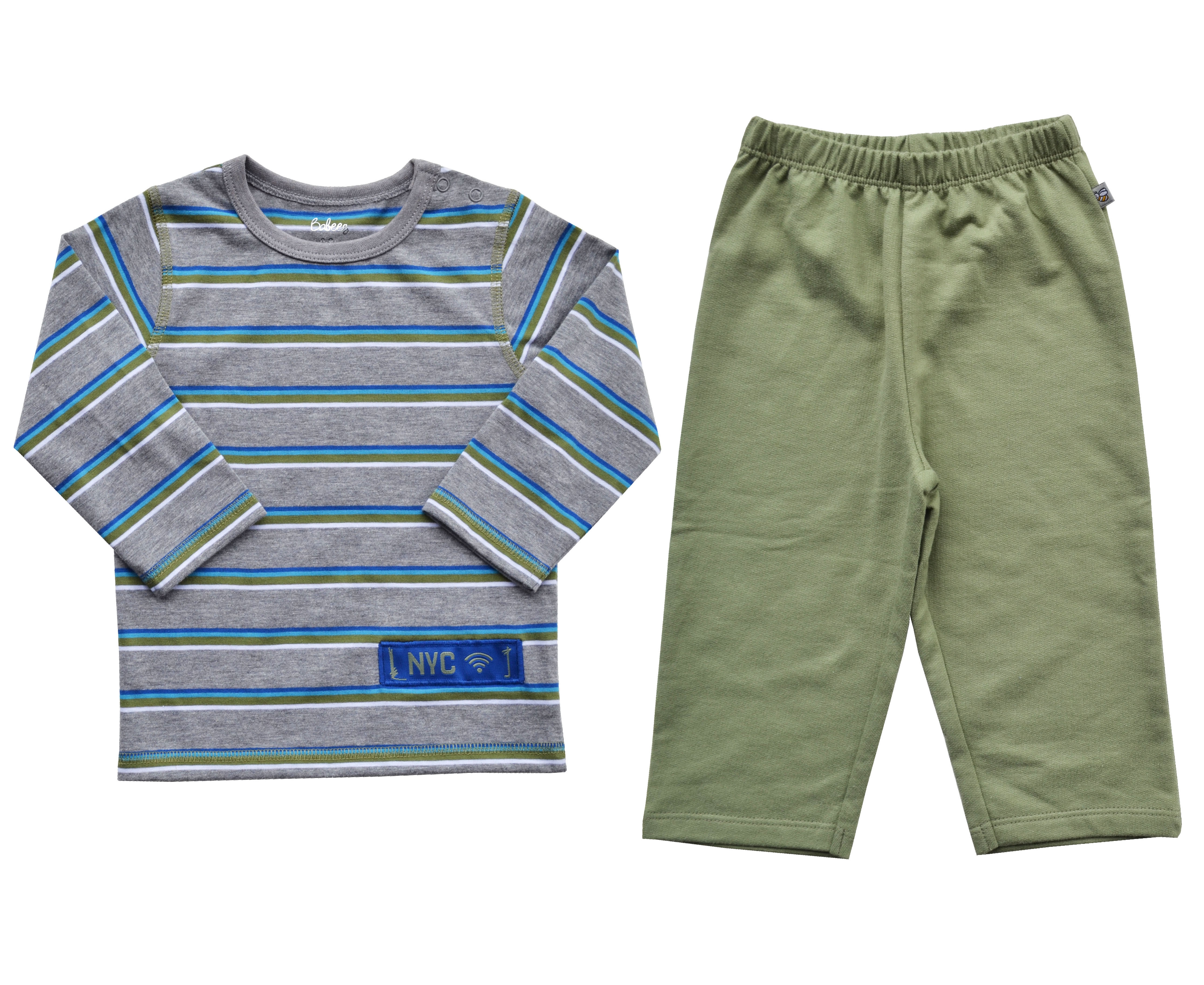 Grey Striped Full Sleeve T-Shirt + Green Long Pant Set (100% Cotton Jersey)