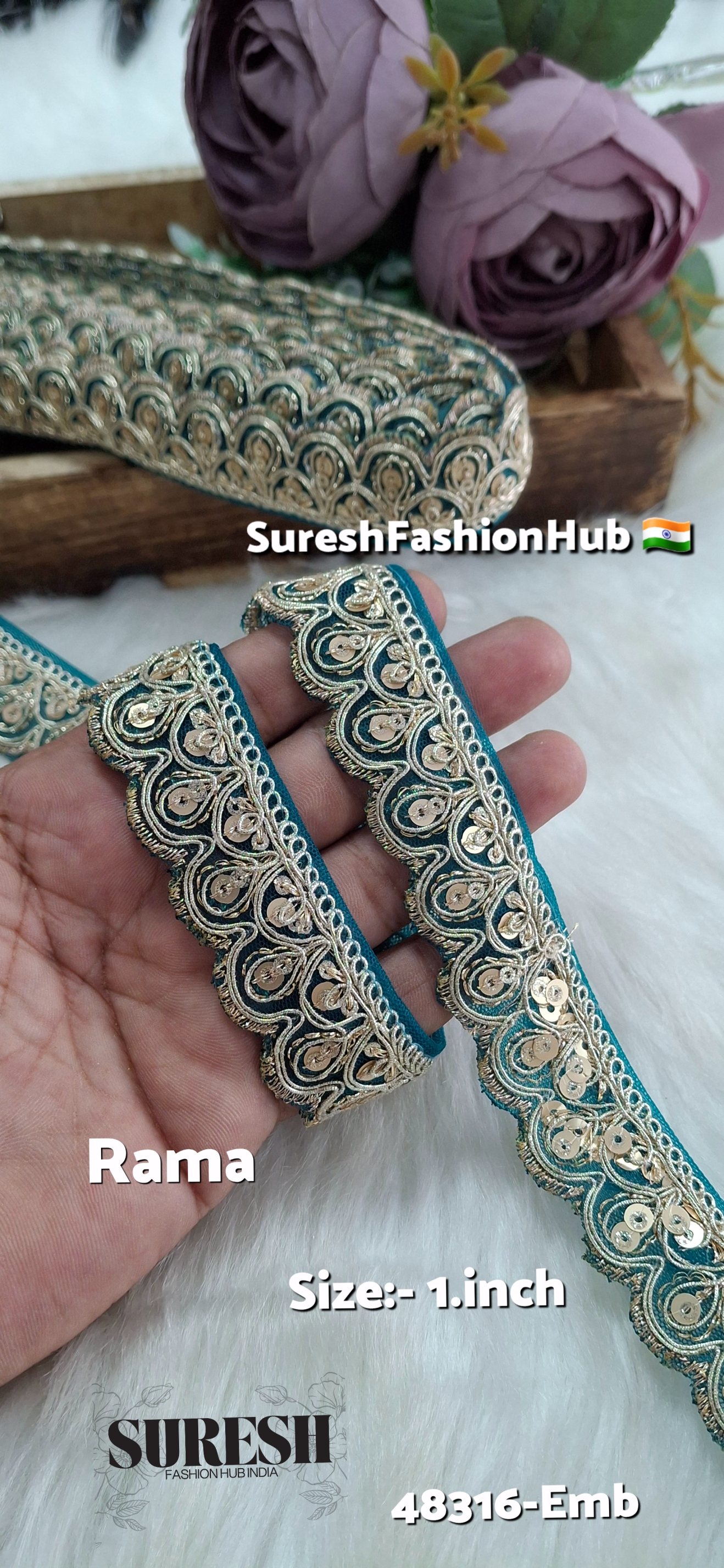 Rama Green Pearl Dori One Side Scallop Embroidery Lace