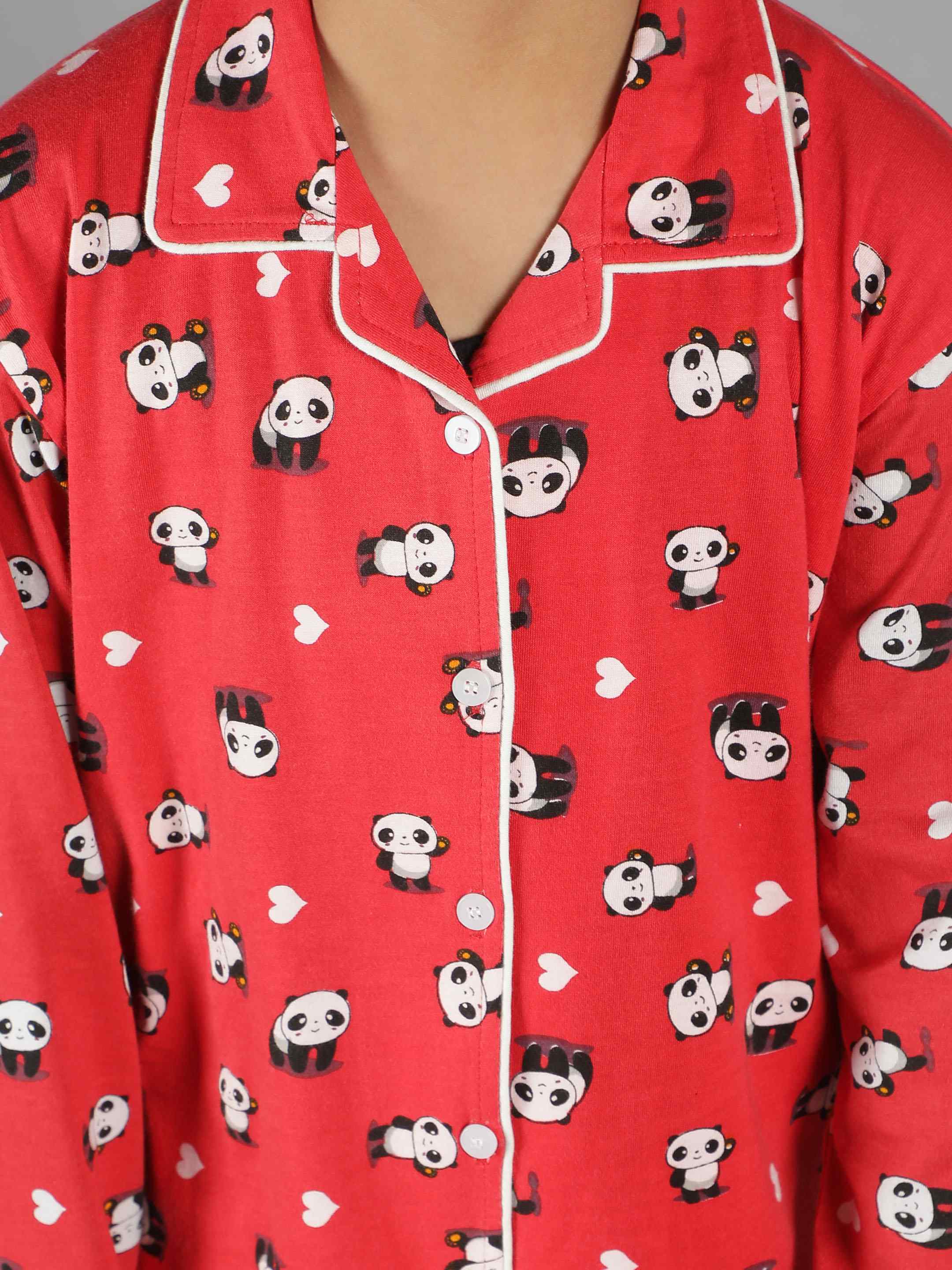 Ninos Dreams Panda Printed Full sleeves Lapel Collar Boy's Night Suit-Red