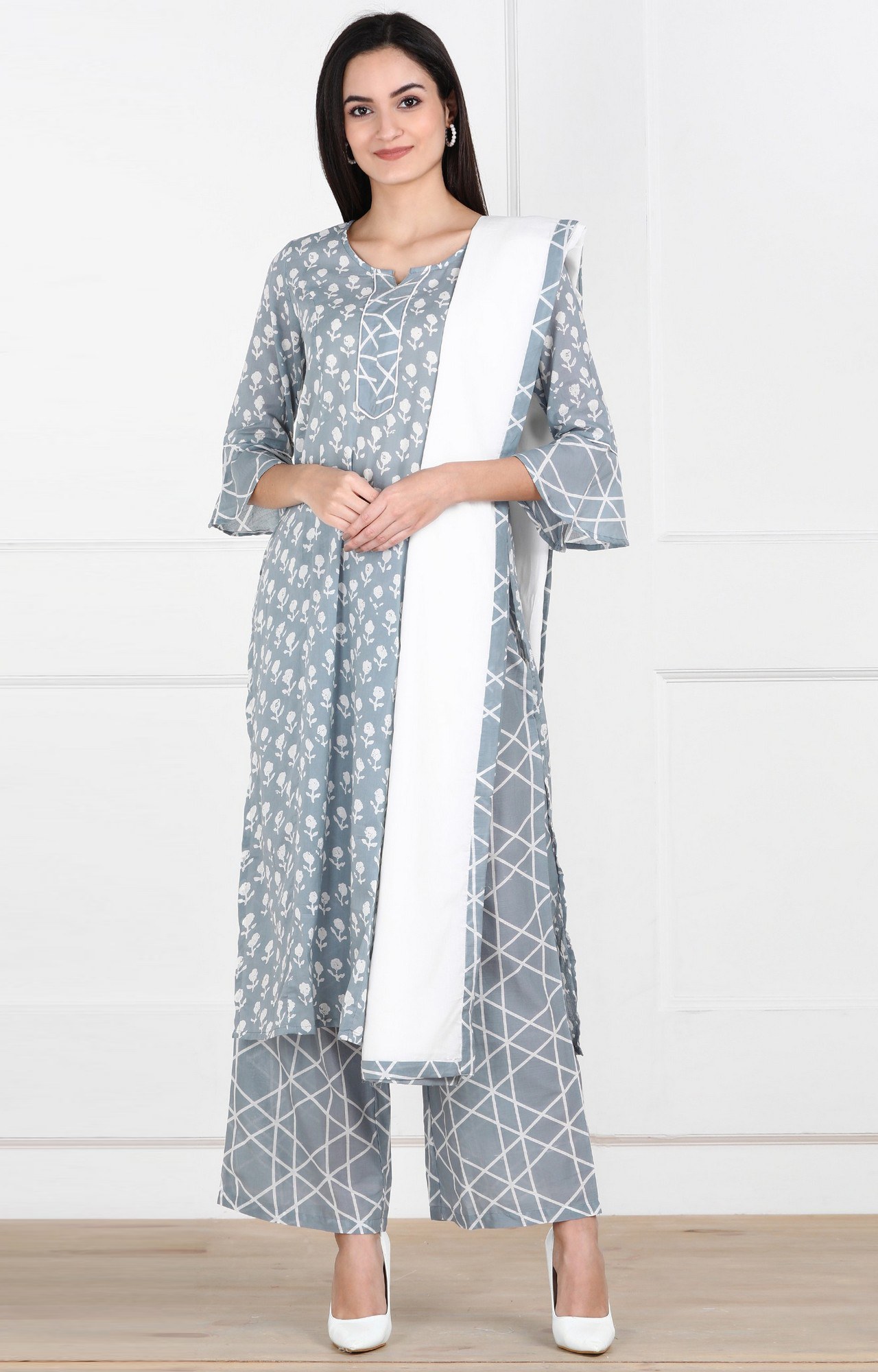 GREY KHADI PRINTED KURTA SET WITH DUPATTA