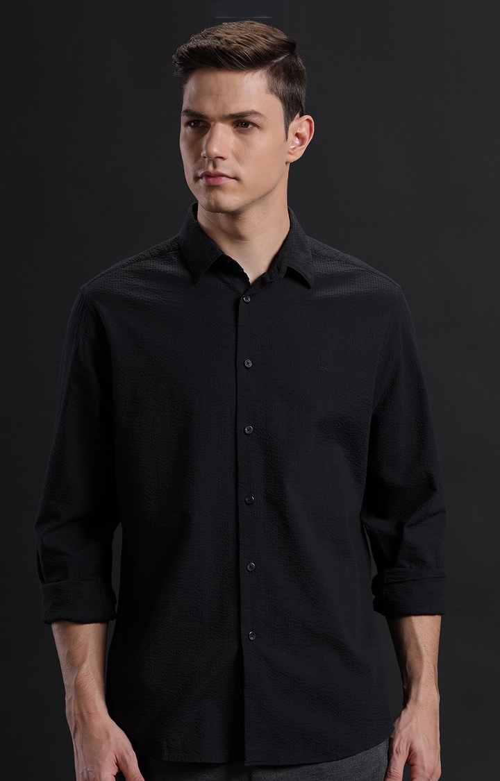 Men's Black Cotton Textured Casual Shirt