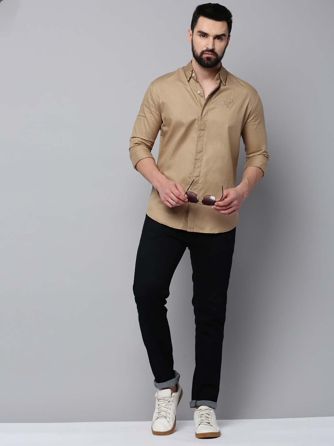 Showoff | SHOWOFF Men's Spread Collar Long Sleeves Solid Khaki Shirt 4