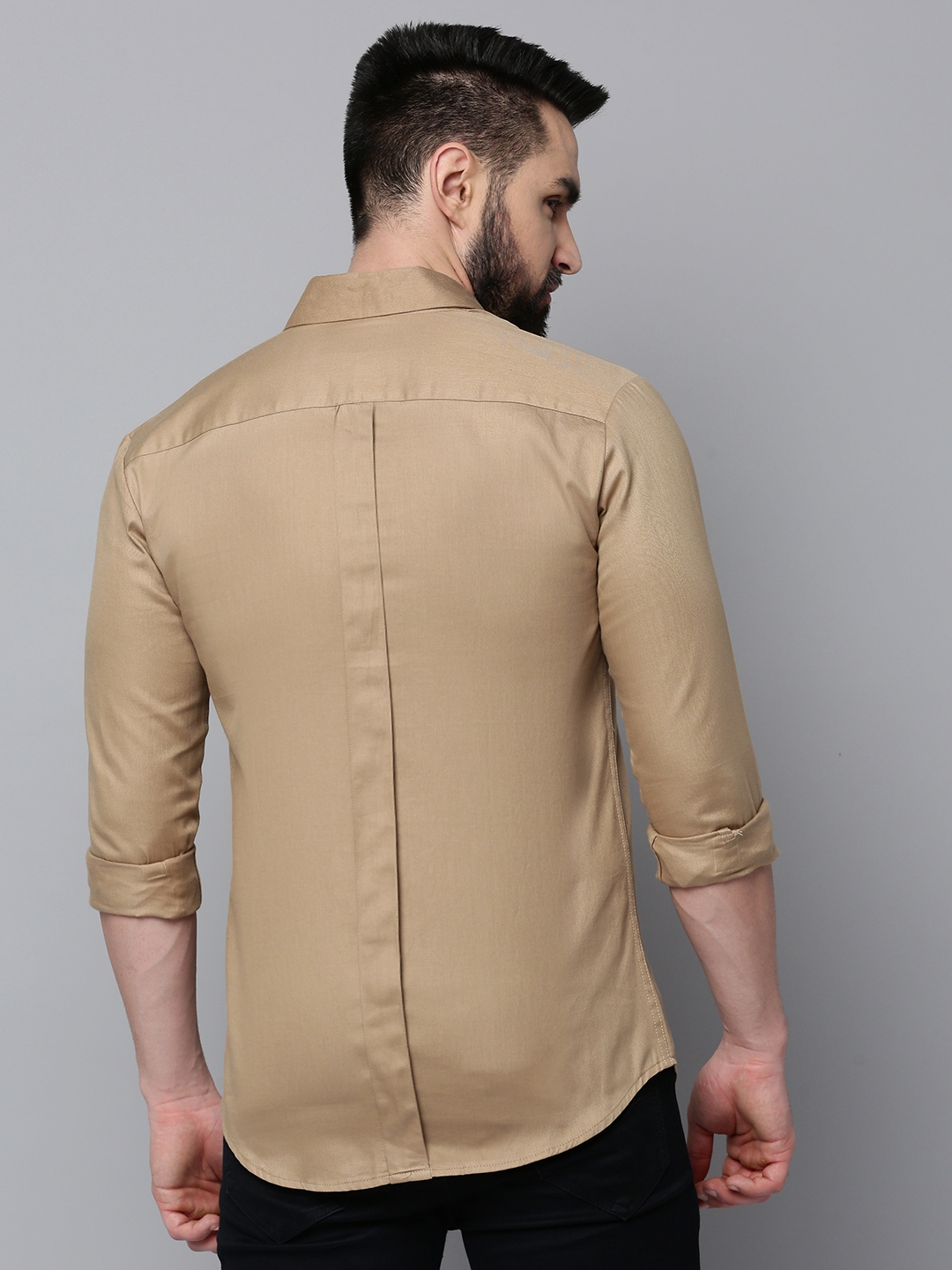 Showoff | SHOWOFF Men's Spread Collar Long Sleeves Solid Khaki Shirt 3