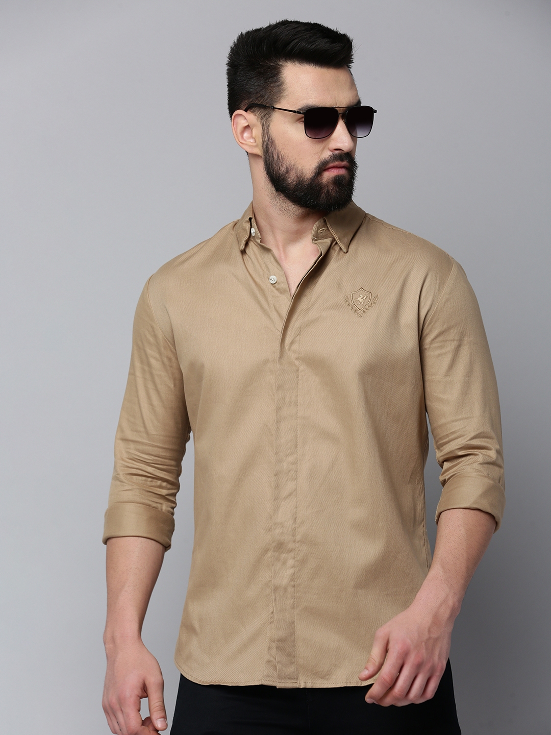 Showoff | SHOWOFF Men's Spread Collar Long Sleeves Solid Khaki Shirt 0