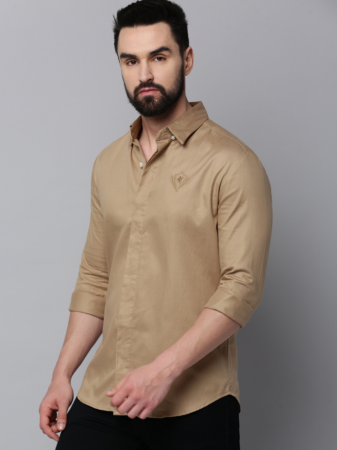 Showoff | SHOWOFF Men's Spread Collar Long Sleeves Solid Khaki Shirt 2