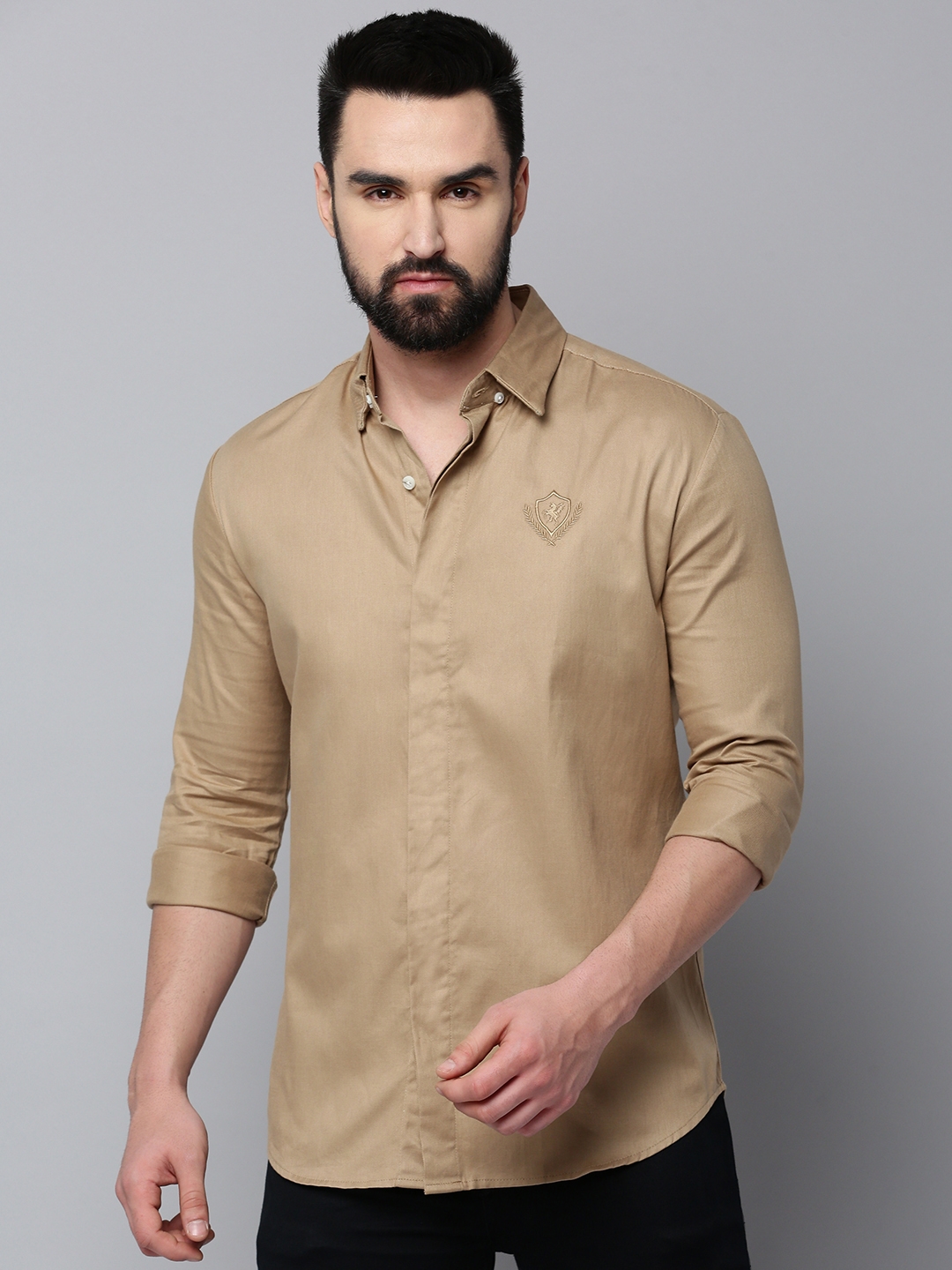 Showoff | SHOWOFF Men's Spread Collar Long Sleeves Solid Khaki Shirt 1