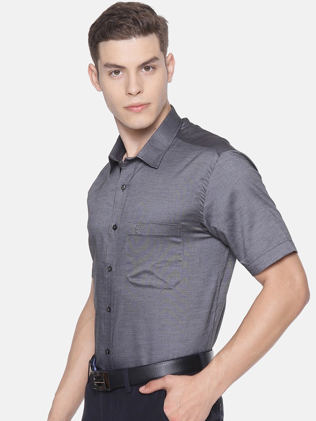 Ramraj Cotton | RAMRAJ COTTON Men Grey Smart Slim Fit Solid Formal Shirt 2