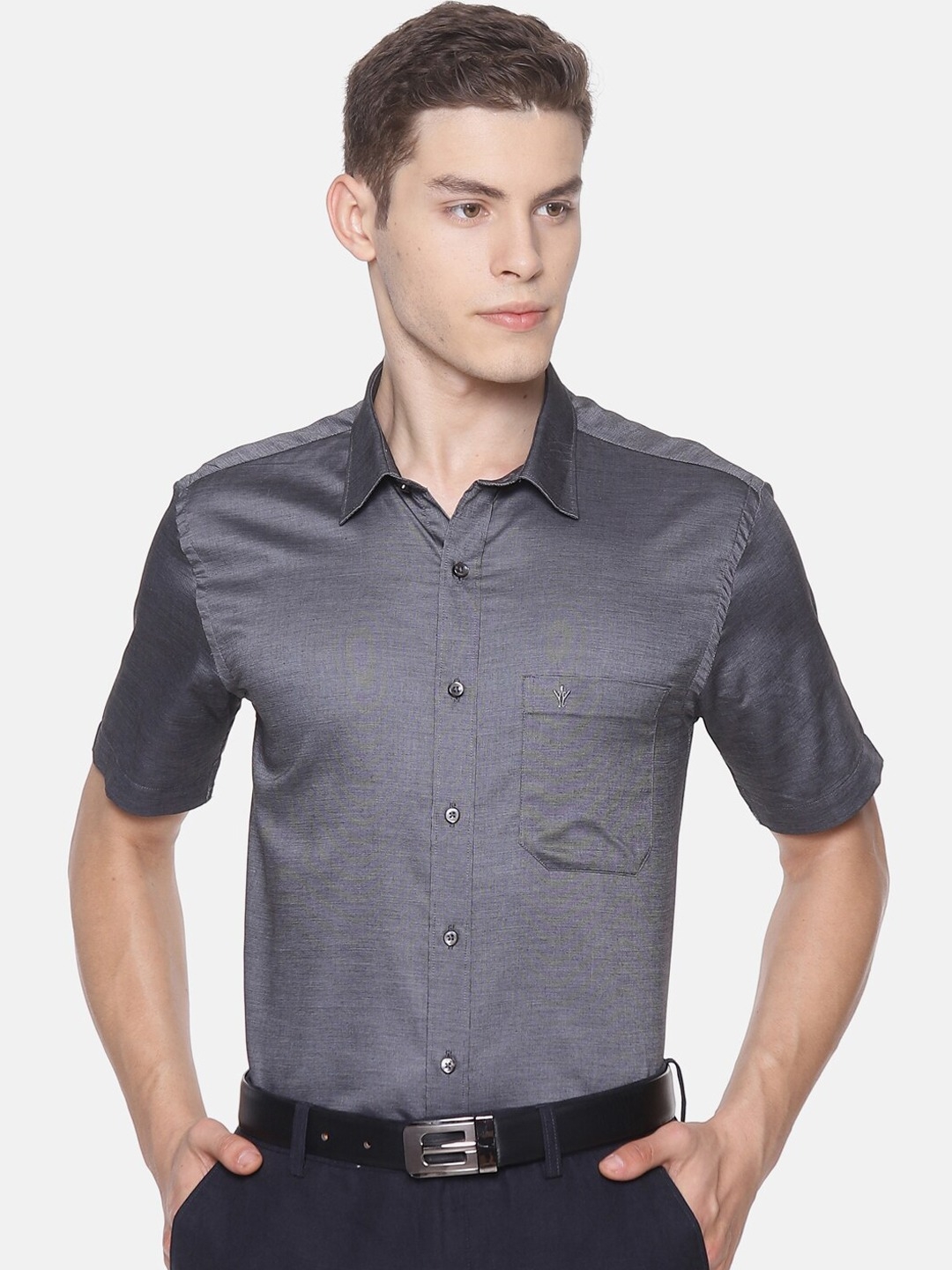 Ramraj Cotton | RAMRAJ COTTON Men Grey Smart Slim Fit Solid Formal Shirt 0