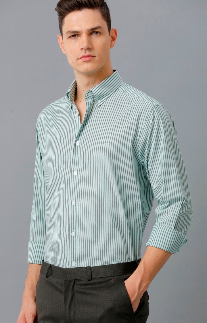 Aldeno | Men's Green Cotton Striped Formal Shirt