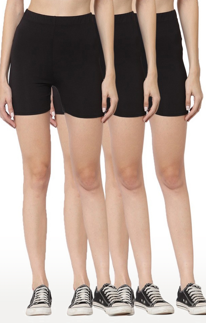 Women's Black Lycra Solid Shorts(Pack of 3)
