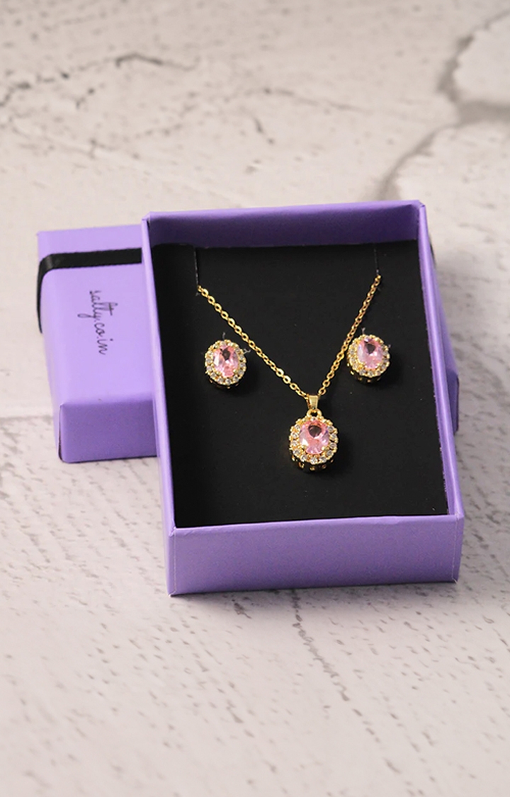 Salty | Women's Gold Anti tarnish Fuchsia Earrings and Necklace Set