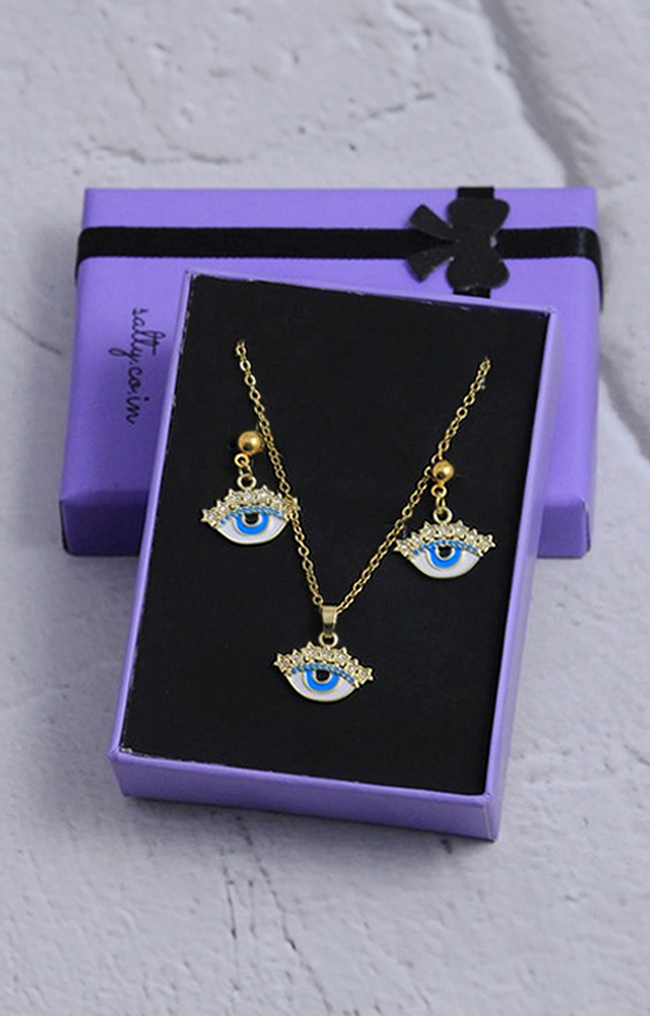 Salty | Women's Gold Anti tarnish Eye of Protection Dark Blue Earrings and Necklace Set