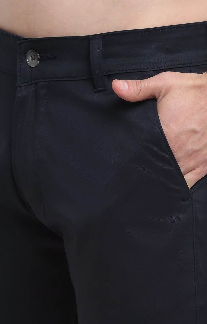 Men Navy Blue Cotton Solid Chino