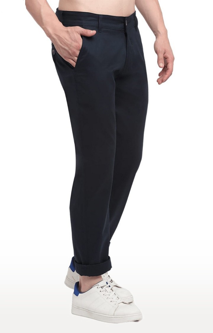 Men Navy Blue Cotton Solid Chino