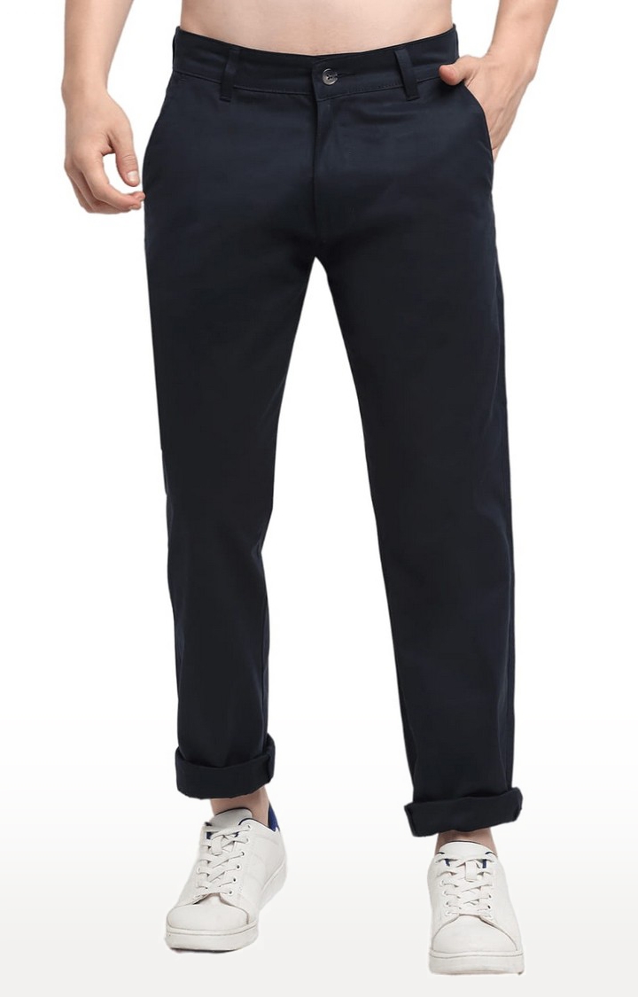 Men Navy Blue Cotton Solid Chino