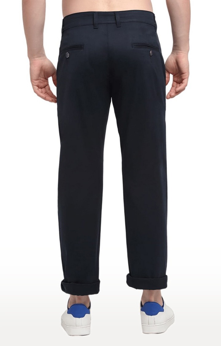 Men Navy Blue Cotton Solid Chino