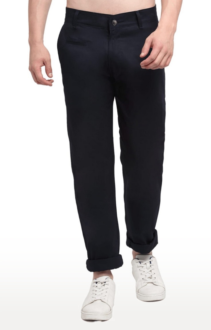 Men Navy Blue Cotton Solid Chino